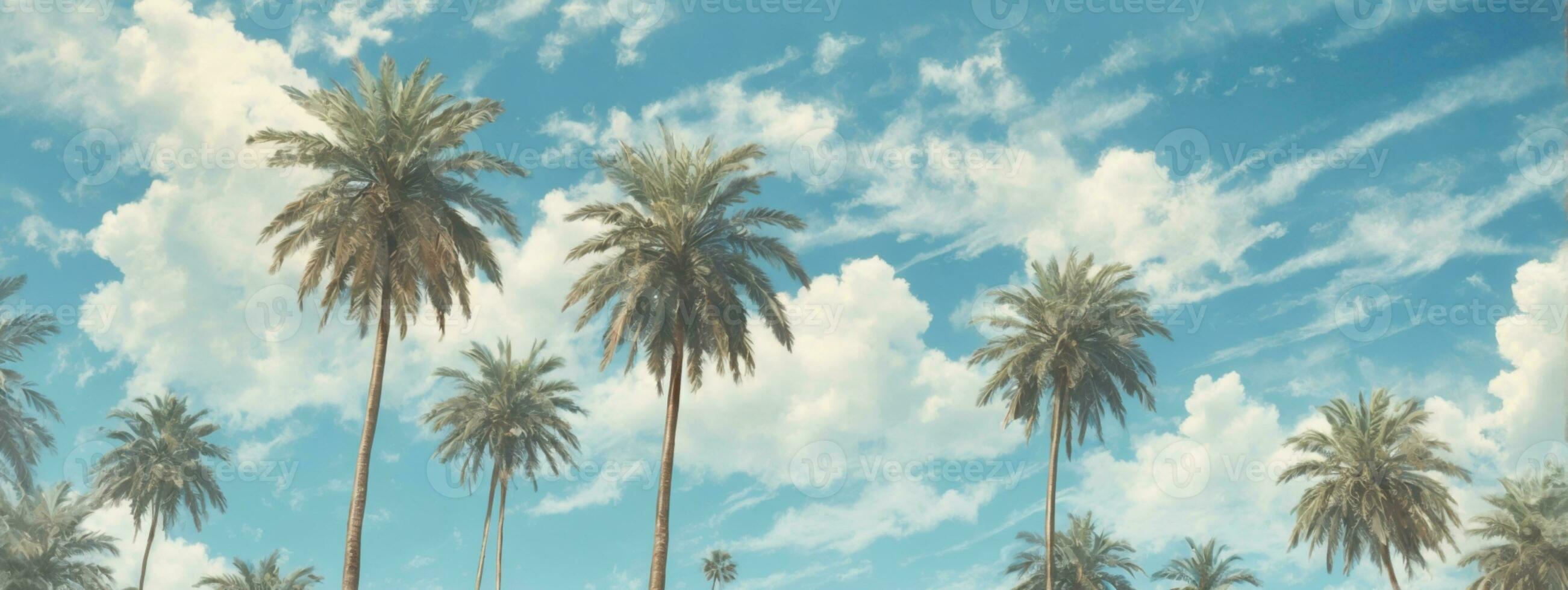 blu cielo e palma alberi Visualizza a partire dal sotto, Vintage ▾ stile, tropicale spiaggia e estate sfondo, viaggio concetto. ai generato foto