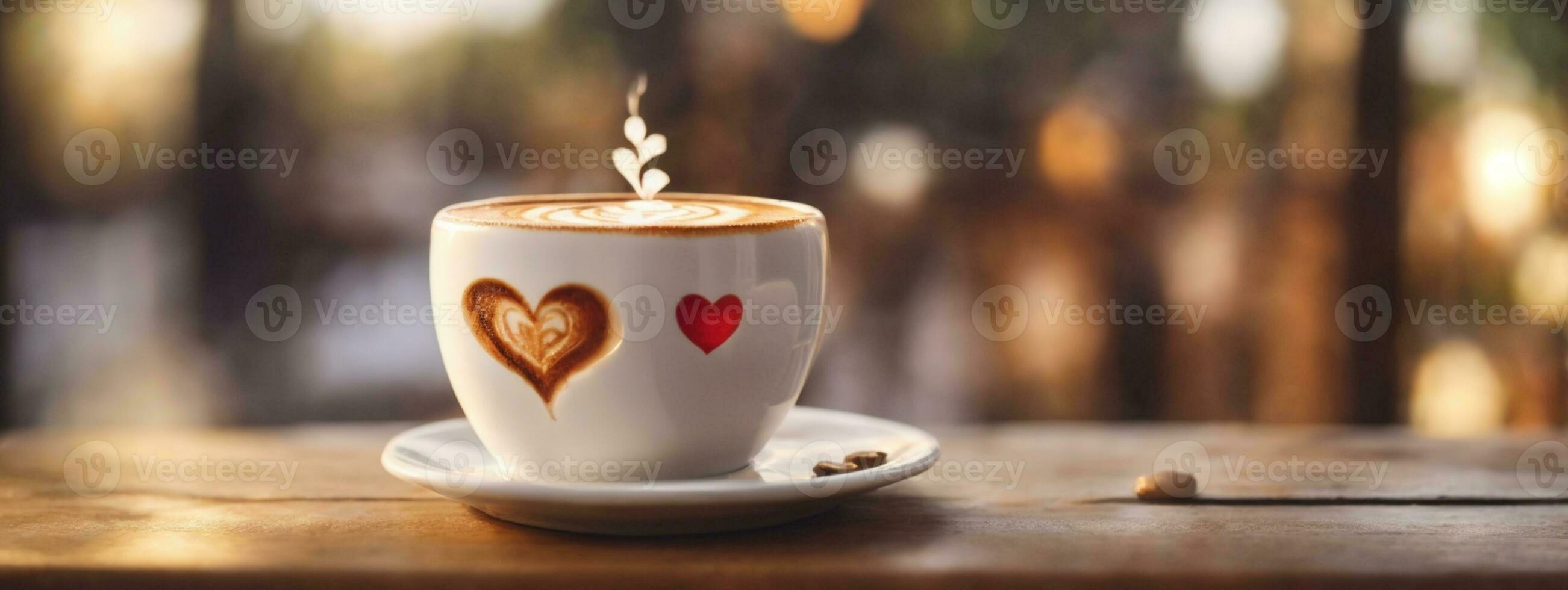 vicino su bianca caffè tazza con cuore forma latte macchiato arte su legna tab. ai generato foto