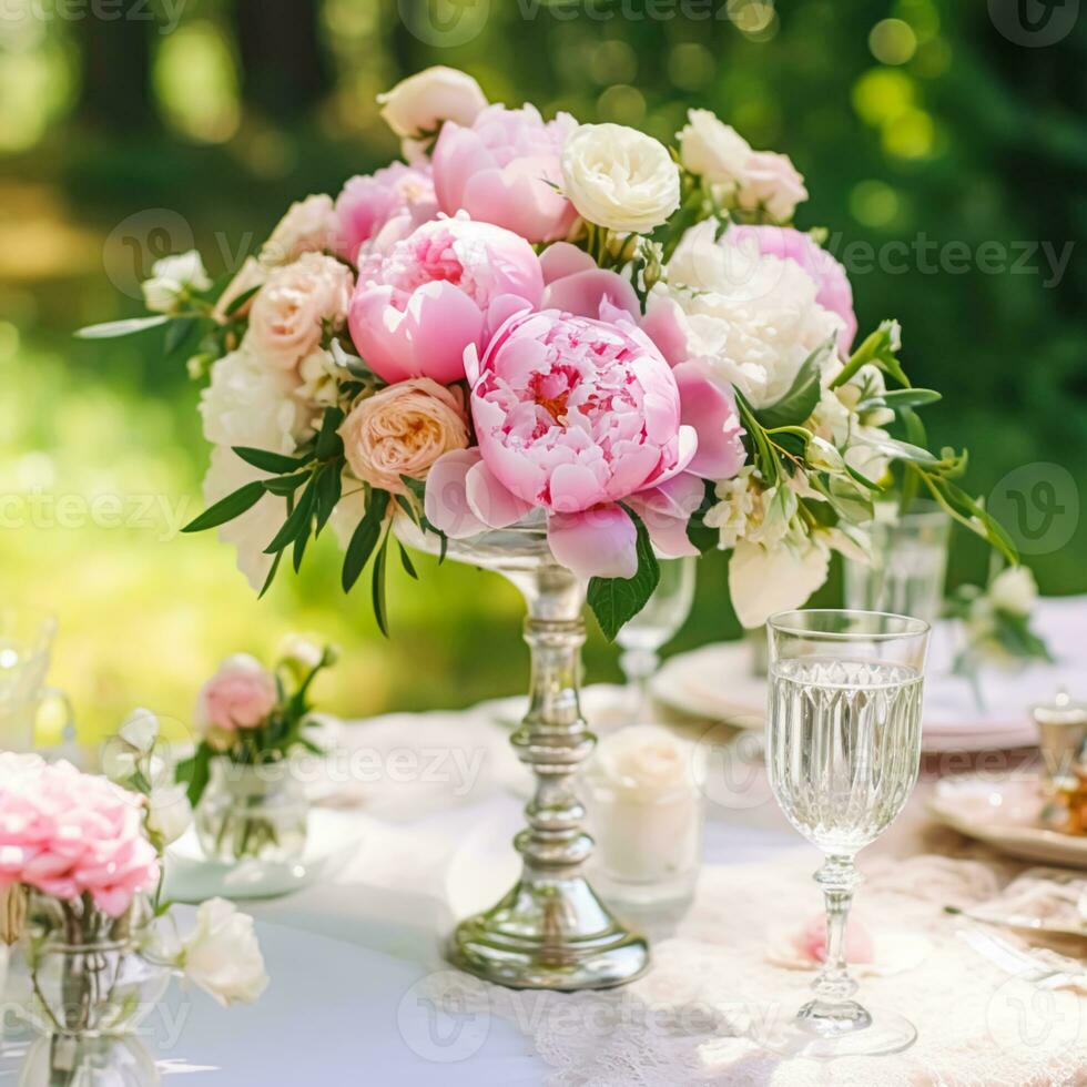 nazione vita, giardino e floreale arredamento, peonia fiori mazzo nel il campagna, nazione Villetta stile, generativo ai foto