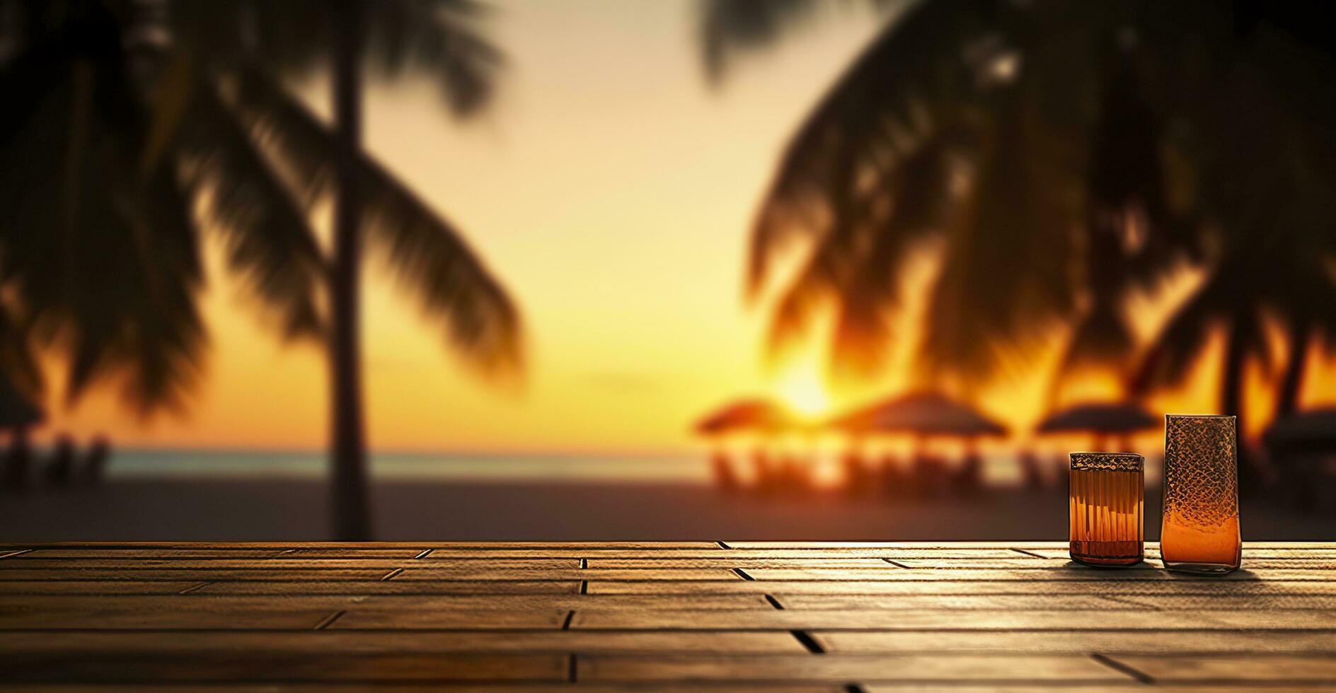 vuoto di legno tavolo nel davanti di sfocato tropicale spiaggia su tramonto sera. di legno sfondo nel spiaggia. ai generativo foto