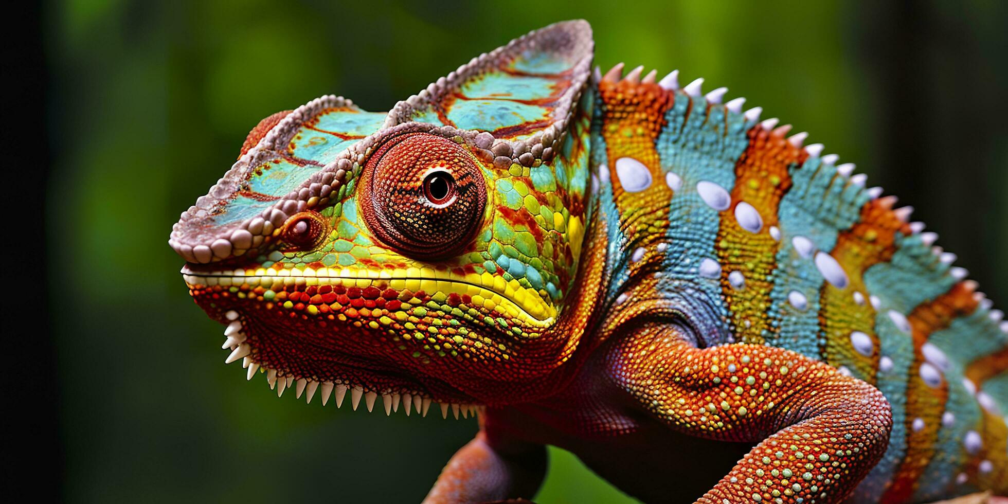 un' colorato vicino su camaleonte con un' alto cresta su suo testa. generativo ai foto