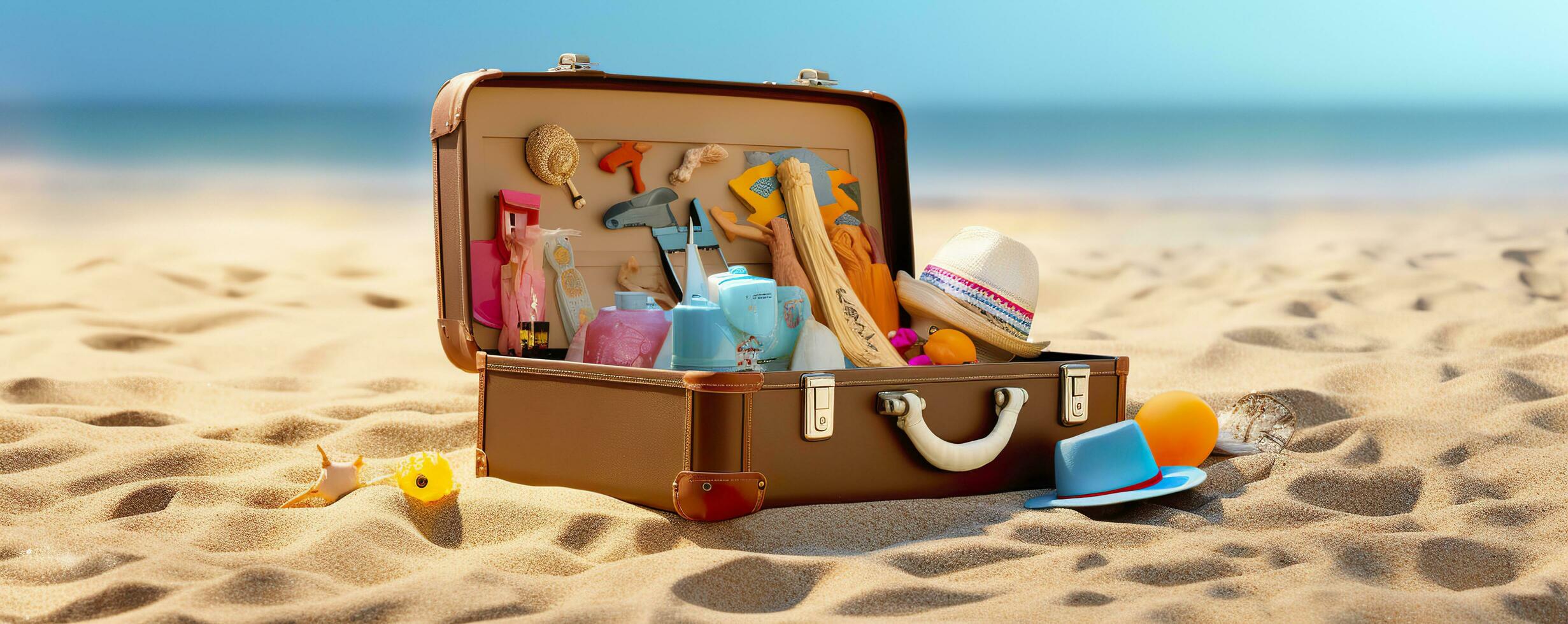 spiaggia preparazione, Accessori nel valigia su sabbia. generativo ai foto