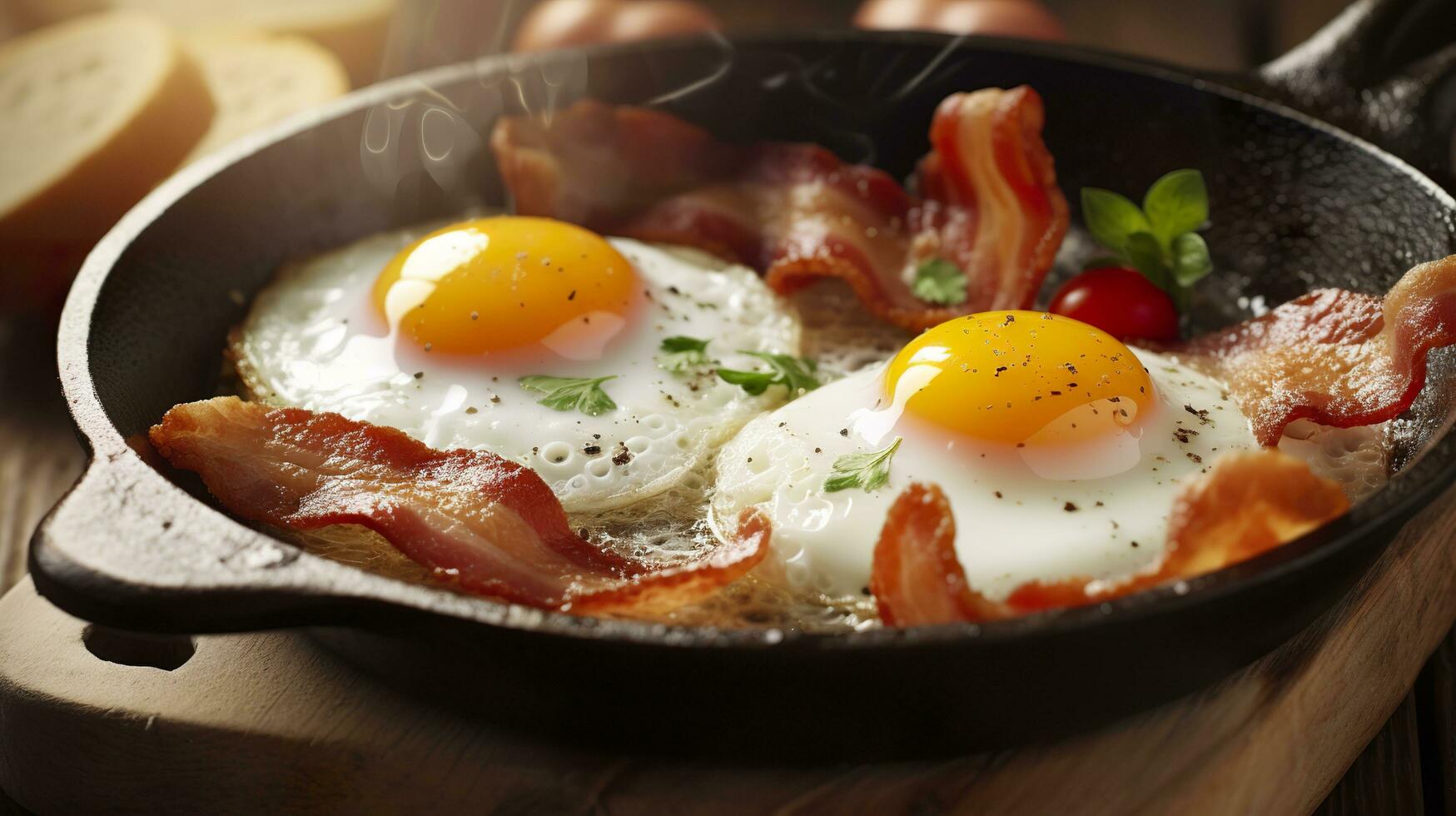 Bacon e uova nel un' padella. composizione con gustoso fritte uova e Bacon su di legno tavolo. ai generativo foto