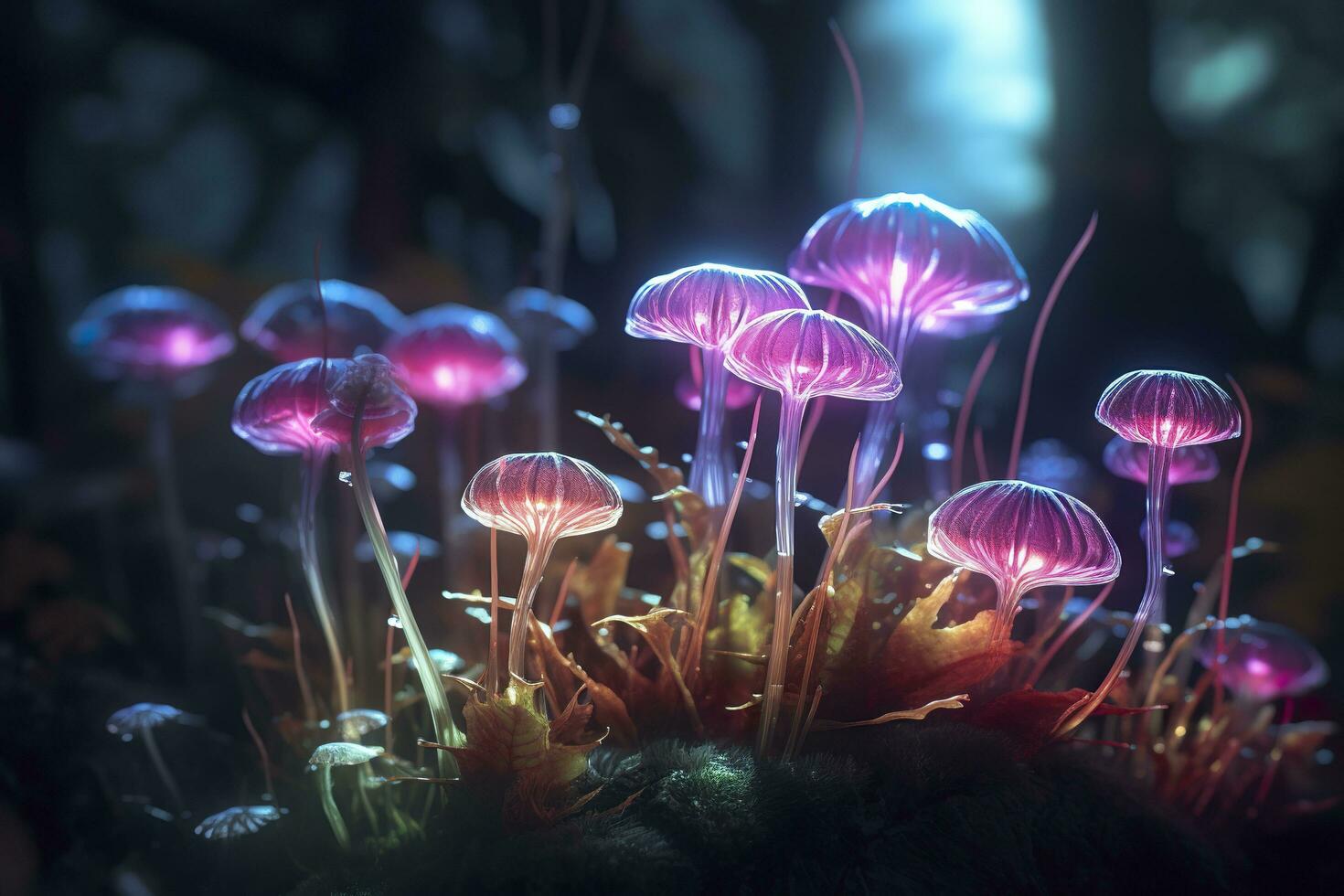 un' bioluminescente alieno cristallo foresta con fiori, bioluminescente carnivoro impianti, ai generativo foto