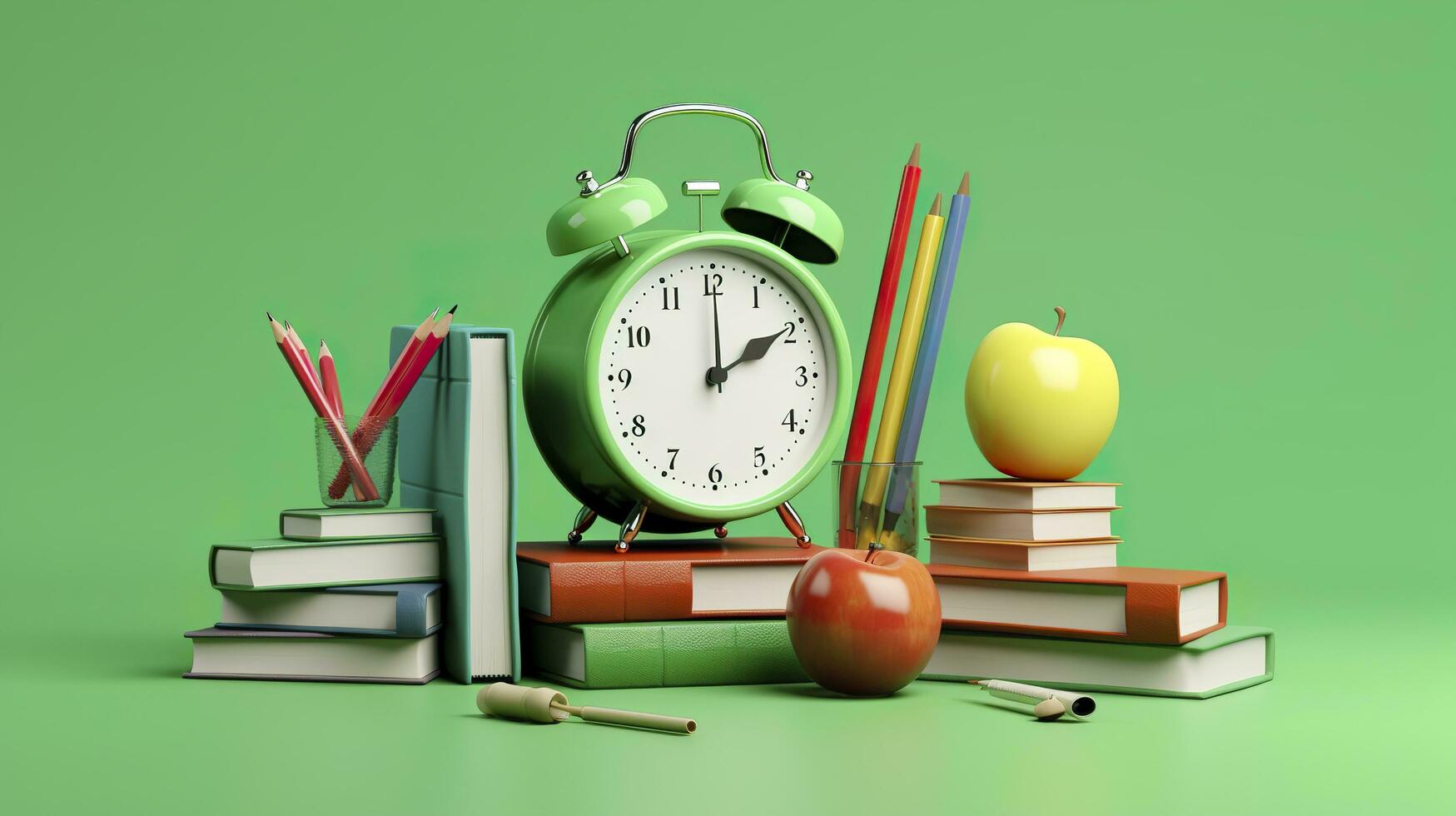 pop arte illustrazione di scuola Accessori con mele, libri, e un allarme orologio su il scuola sfondo. indietro per scuola concetto. 3d rendering, ai generativo foto