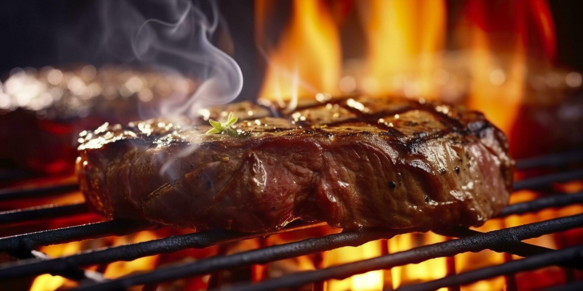 Manzo ribeye bistecca grigliate su un' fiammeggiante griglia. generativo ai foto