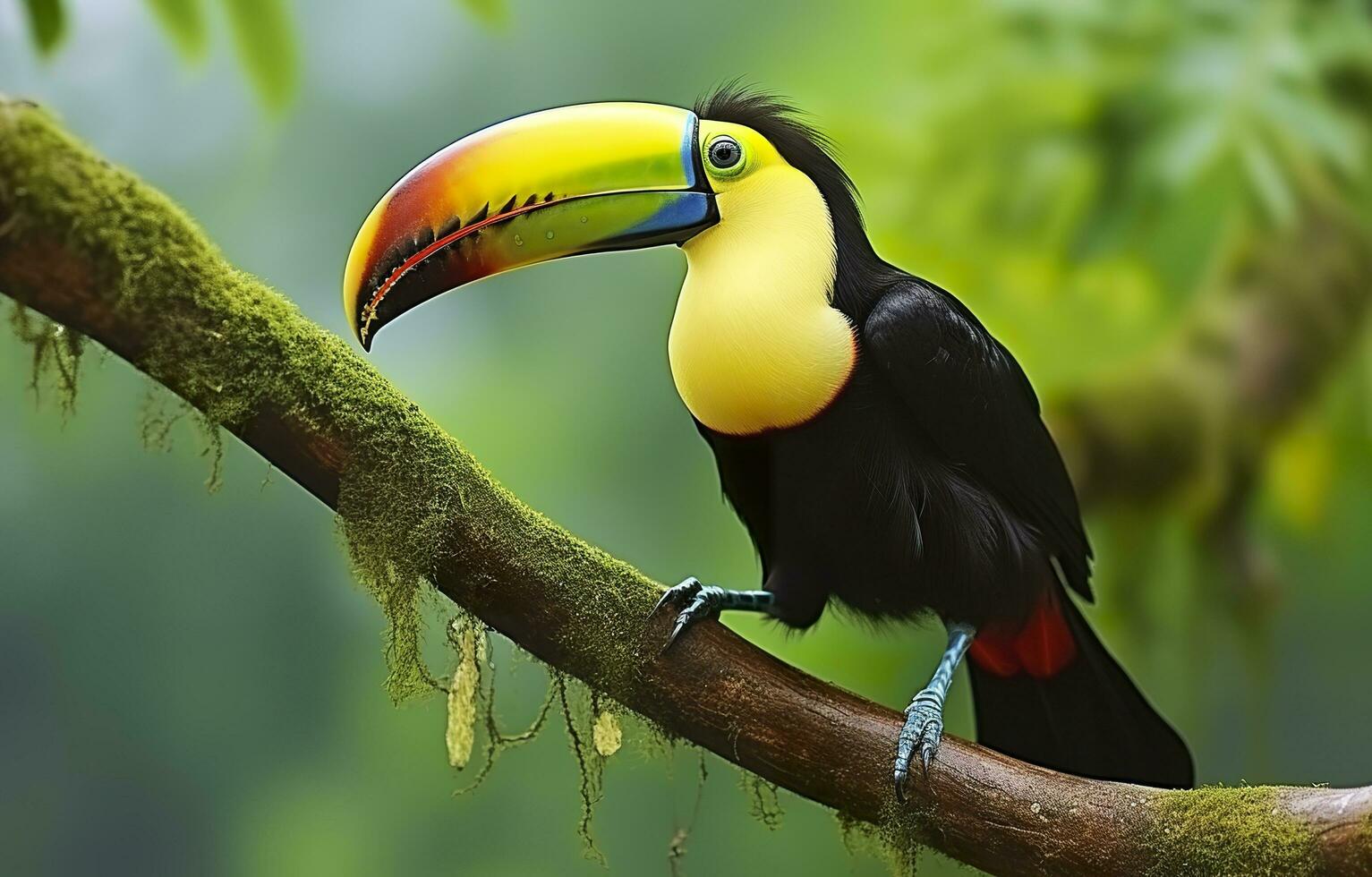 castagno mandibolato tucano seduta su il ramo nel tropicale pioggia con un' verde giungla. generativo ai foto