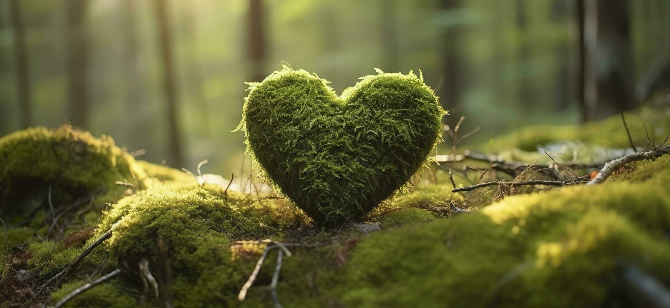 avvicinamento di di legno cuore su muschio. naturale sepoltura tomba nel il boschi. generativo ai foto