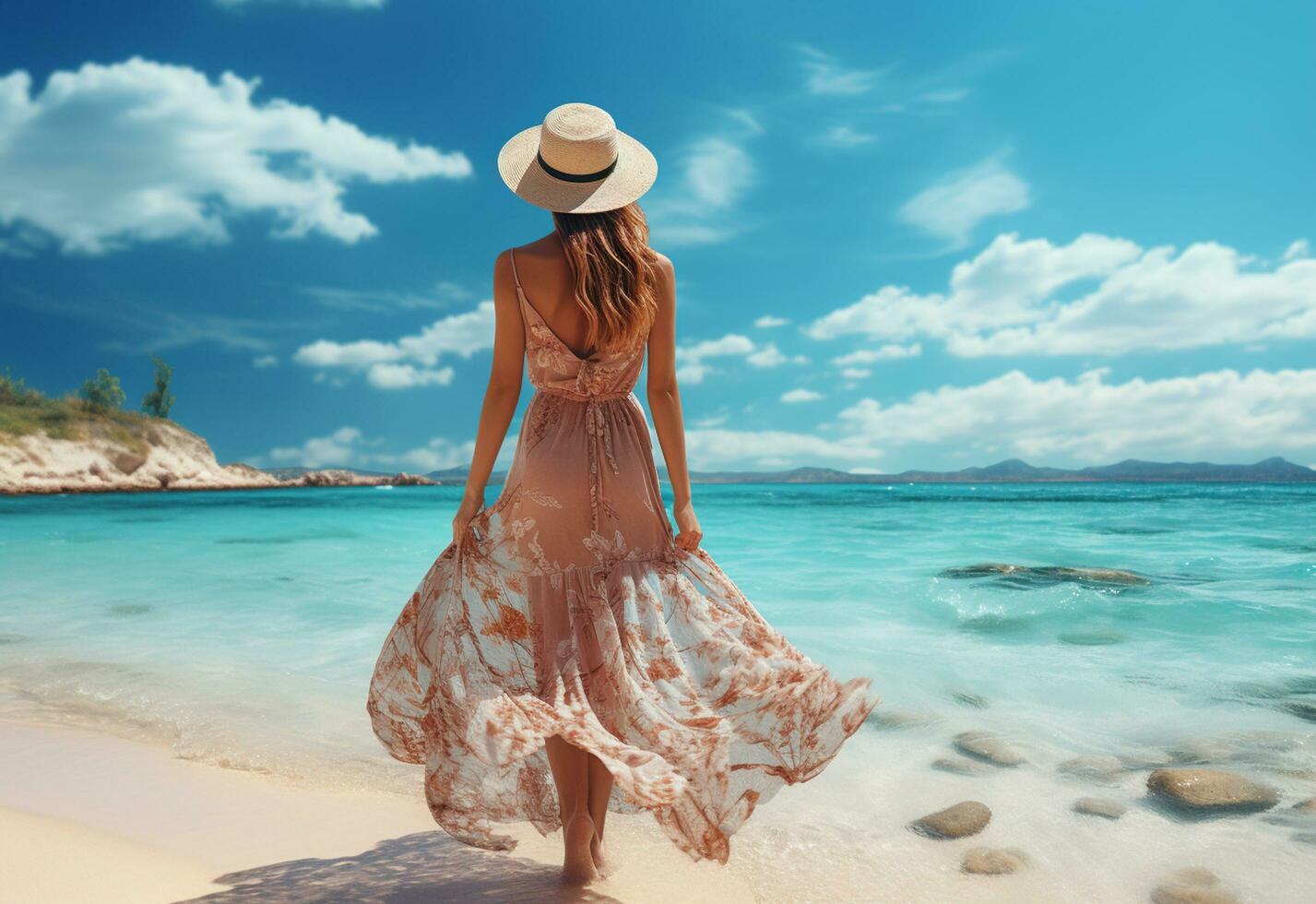 ai generativo giovane turista donna nel estate vestito e cappello in piedi su bellissimo sabbioso spiaggia. carino ragazza godendo foto