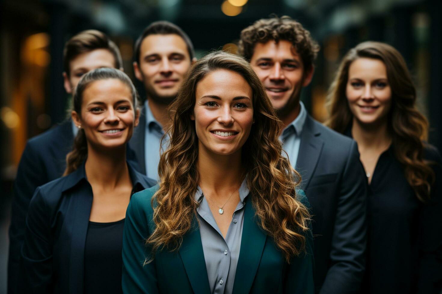 ai generativo gruppo di contento attività commerciale uomo e attività commerciale donne, vestito nel tute siamo sorridente, nel il ufficio foto