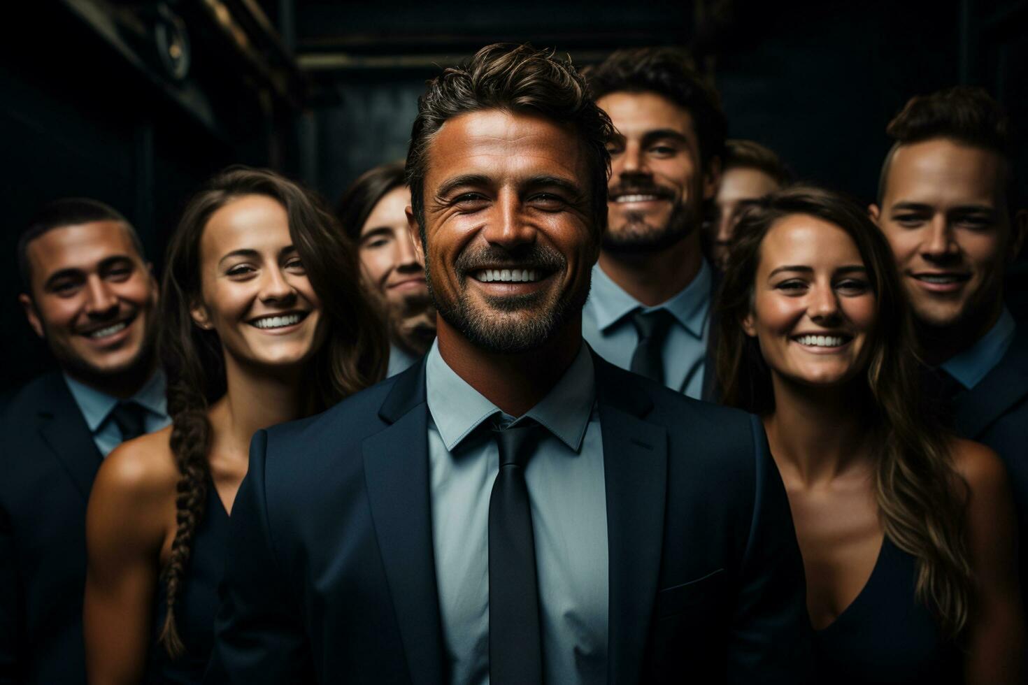 ai generativo gruppo di contento attività commerciale uomo e attività commerciale donne, vestito nel tute siamo sorridente, nel il ufficio foto