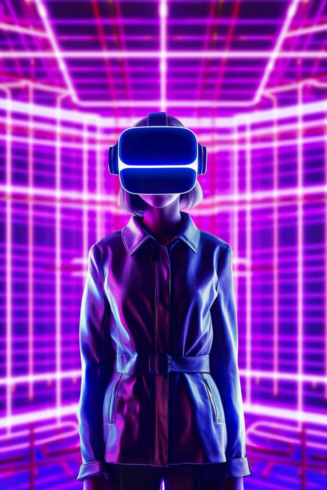 un' giovane asiatico donna è utilizzando un' virtuale la realtà cuffia. neon leggero studio ritratto. concetto di virtuale realtà, simulazione, gioco, e futuro tecnologia. ai generativo foto