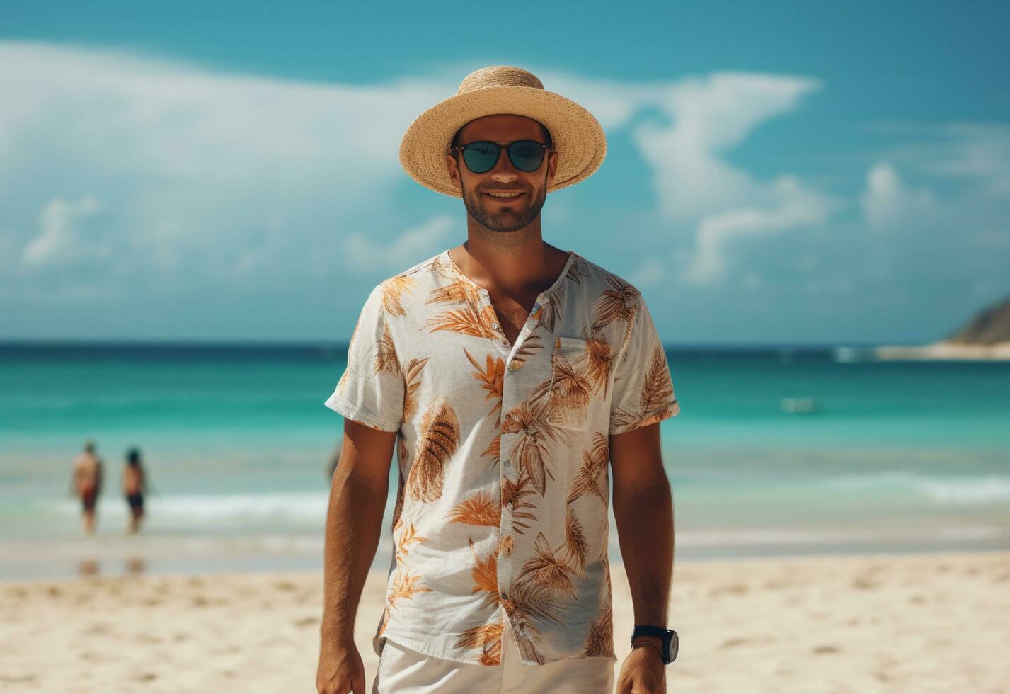 ai generativo indietro Visualizza giovane turista uomo nel estate vestito e cappello in piedi su bellissimo sabbioso spiaggia. godendo. foto