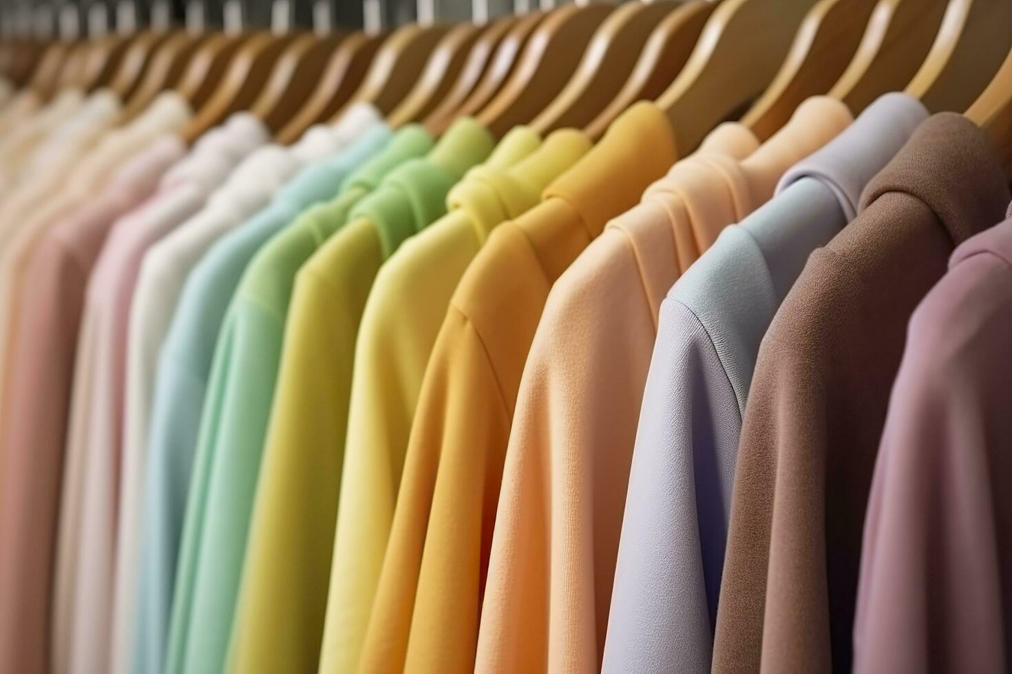 colorato Abiti su un' capi di abbigliamento cremagliera, pastello colorato guardaroba nel un' shopping memorizzare o Camera da letto, arcobaleno colore Abiti scelta su grucce, casa armadio concetto Immagine. ai generativo foto