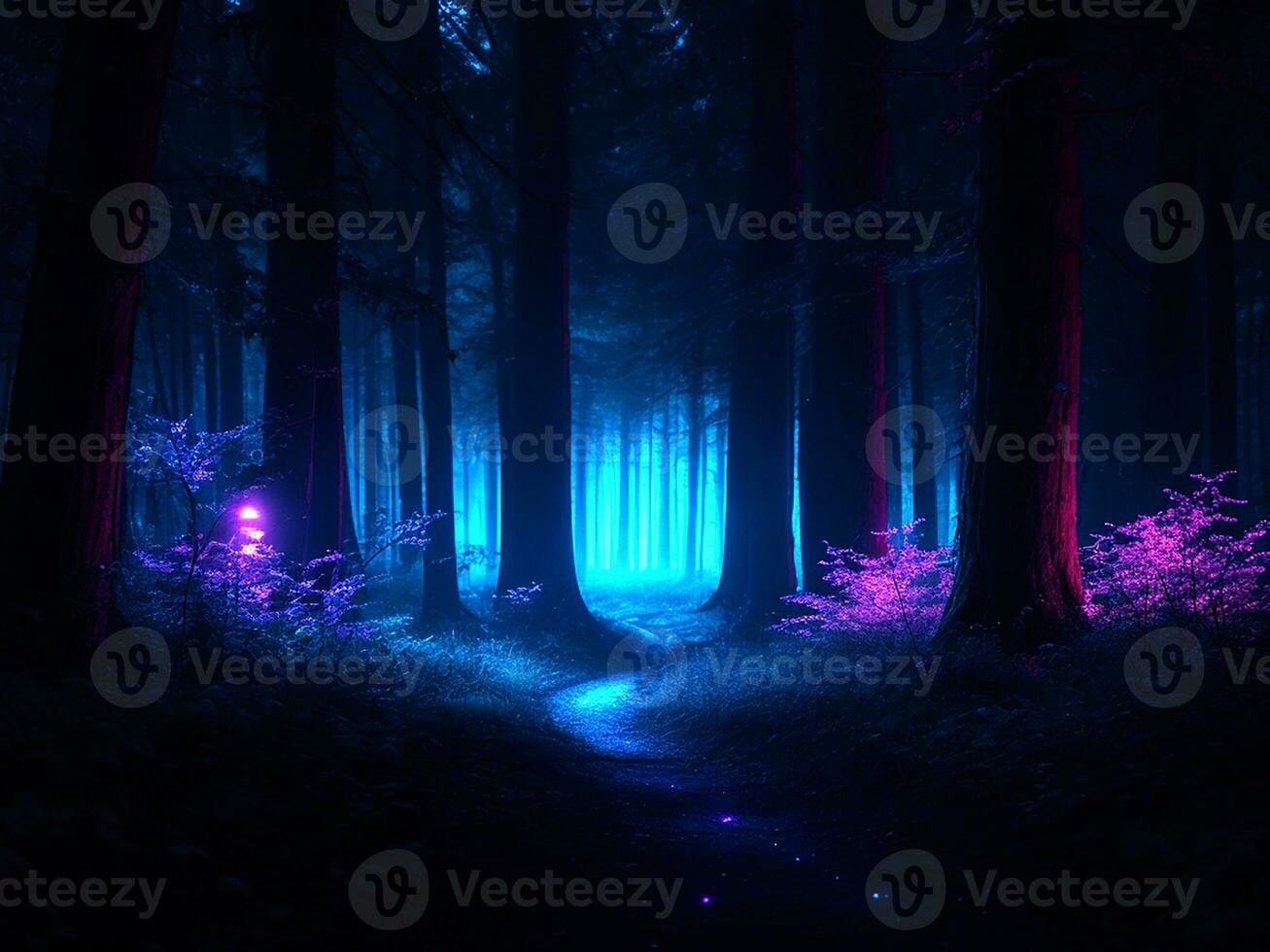 buio foresta nel il notte, neon colori. generativo ai foto