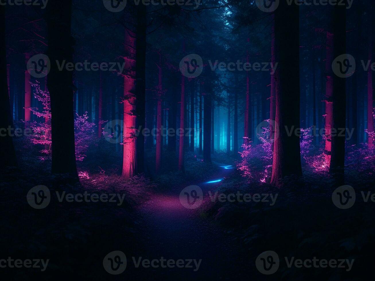 buio foresta nel il notte, neon colori. generativo ai foto