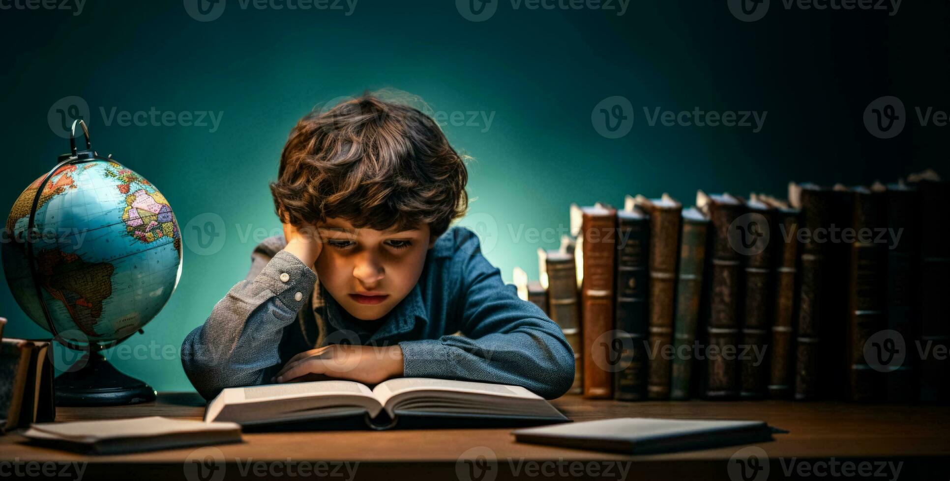 un' bambino assorto nel studiando un' globo isolato su un' blu pendenza sfondo foto