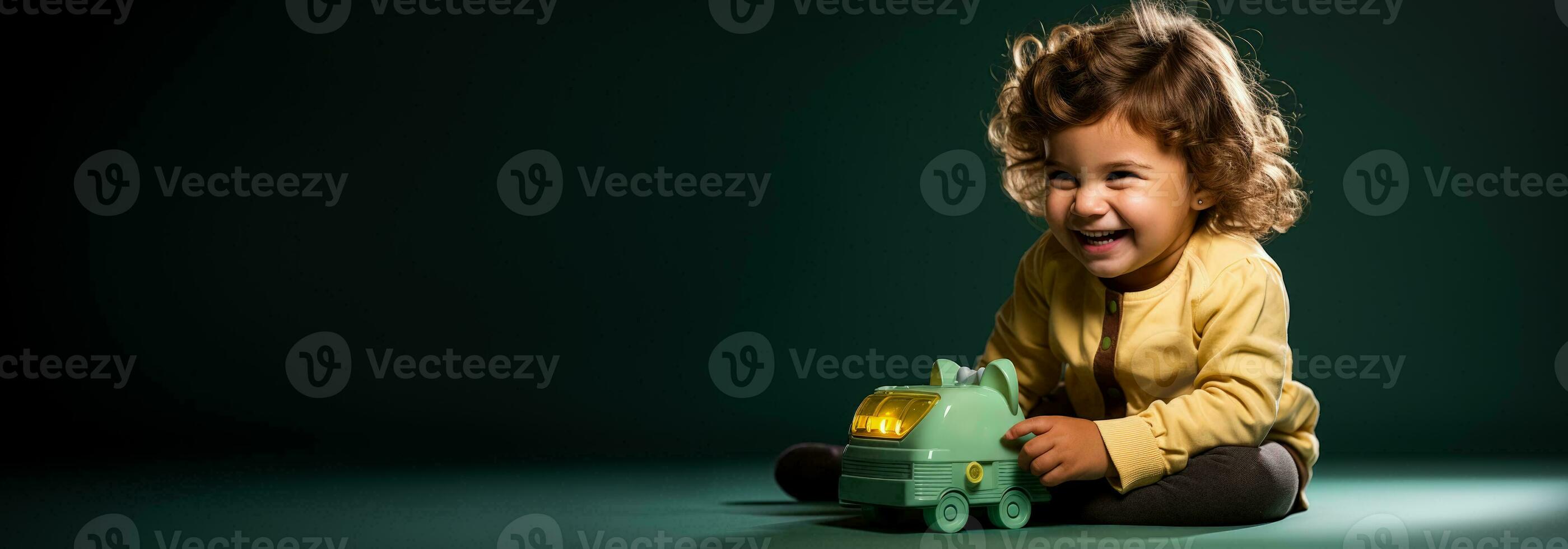 un' bambino pacificamente condivisione un' giocattolo isolato su un' verde pendenza sfondo foto