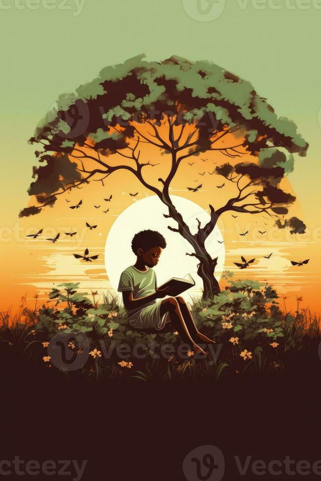 un' riflessivo bambino lettura un' libro sotto un' albero isolato su un' pastello pendenza sfondo foto