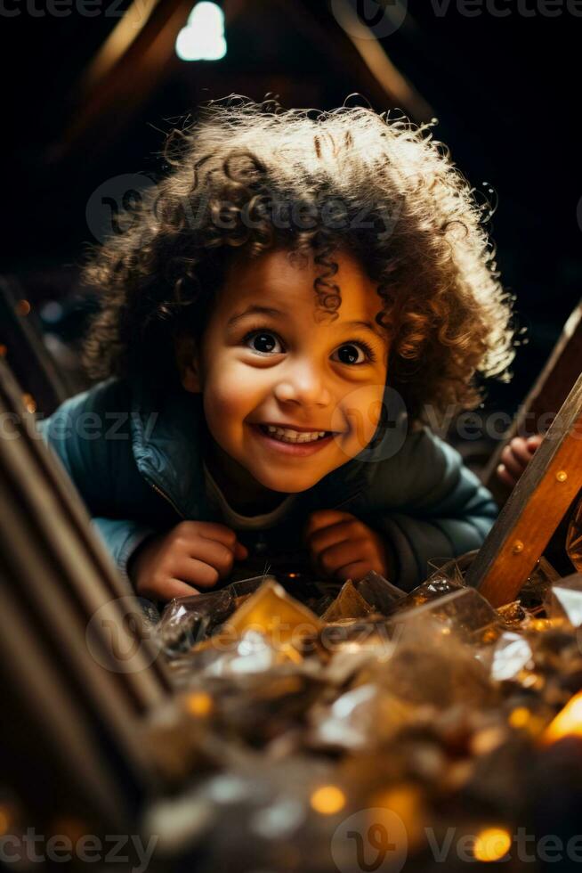 eccitato bambino scoprire nascosto tesori nel un inaspettato Attico esplorazione foto