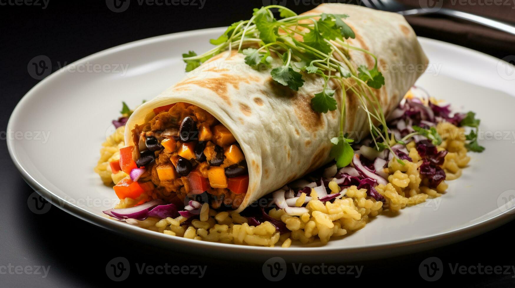 foto di vegano burrito come un' piatto nel un' fascia alta ristorante. generativo ai