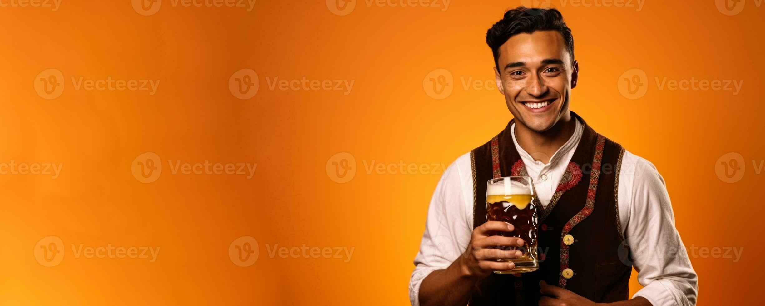 giovane uomo nel tradizionale Tedesco Abiti con birra su solido rosso sfondo foto