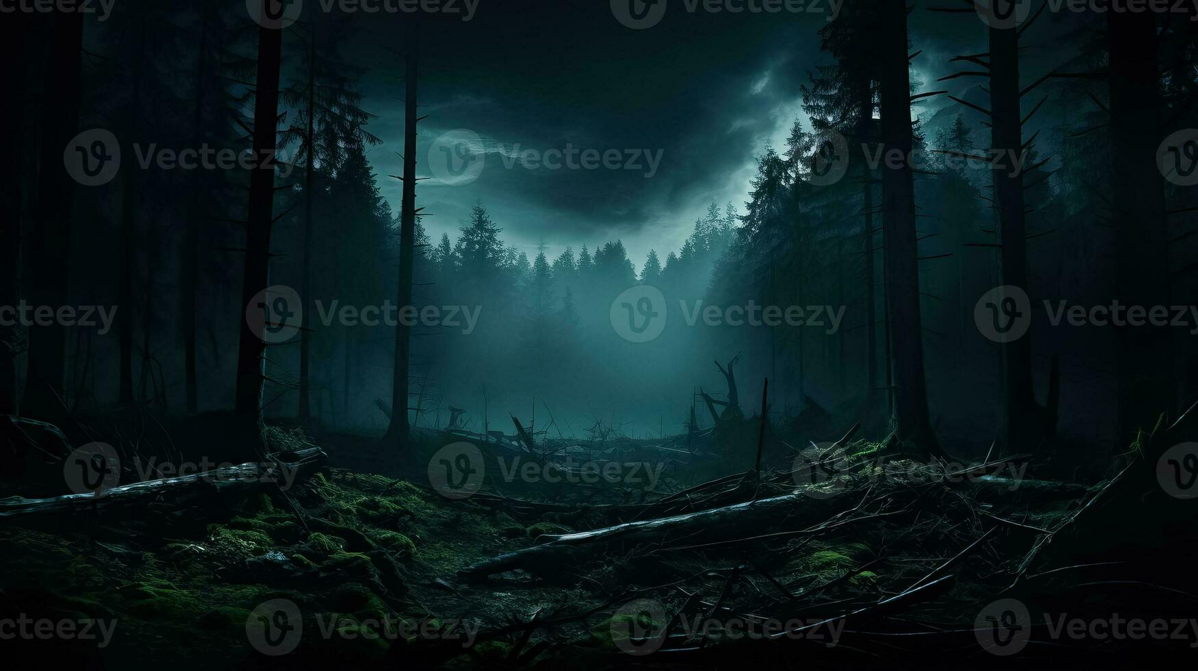 un' nebbioso foresta con inquietante alberi avvolto nel buio sfondo con vuoto spazio per testo foto