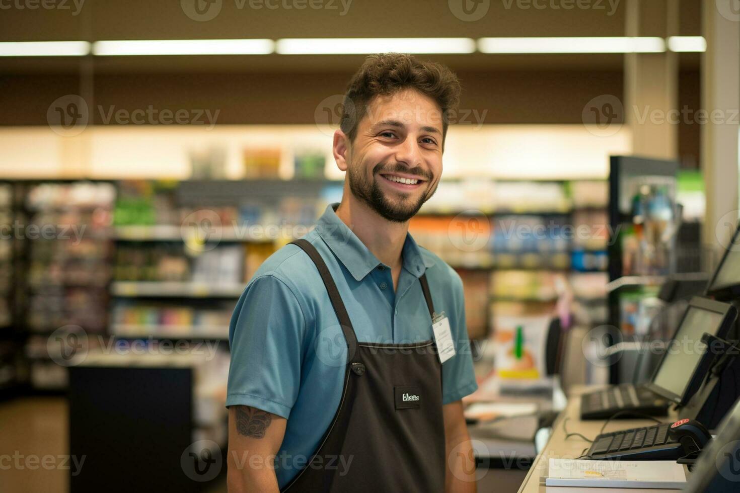 maschio cassiere sorridente a il supermercato foto