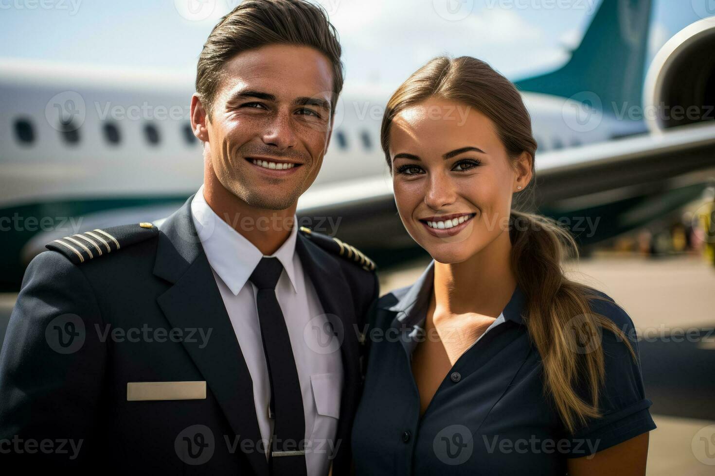 pilota e hostess nel davanti di il pianura foto