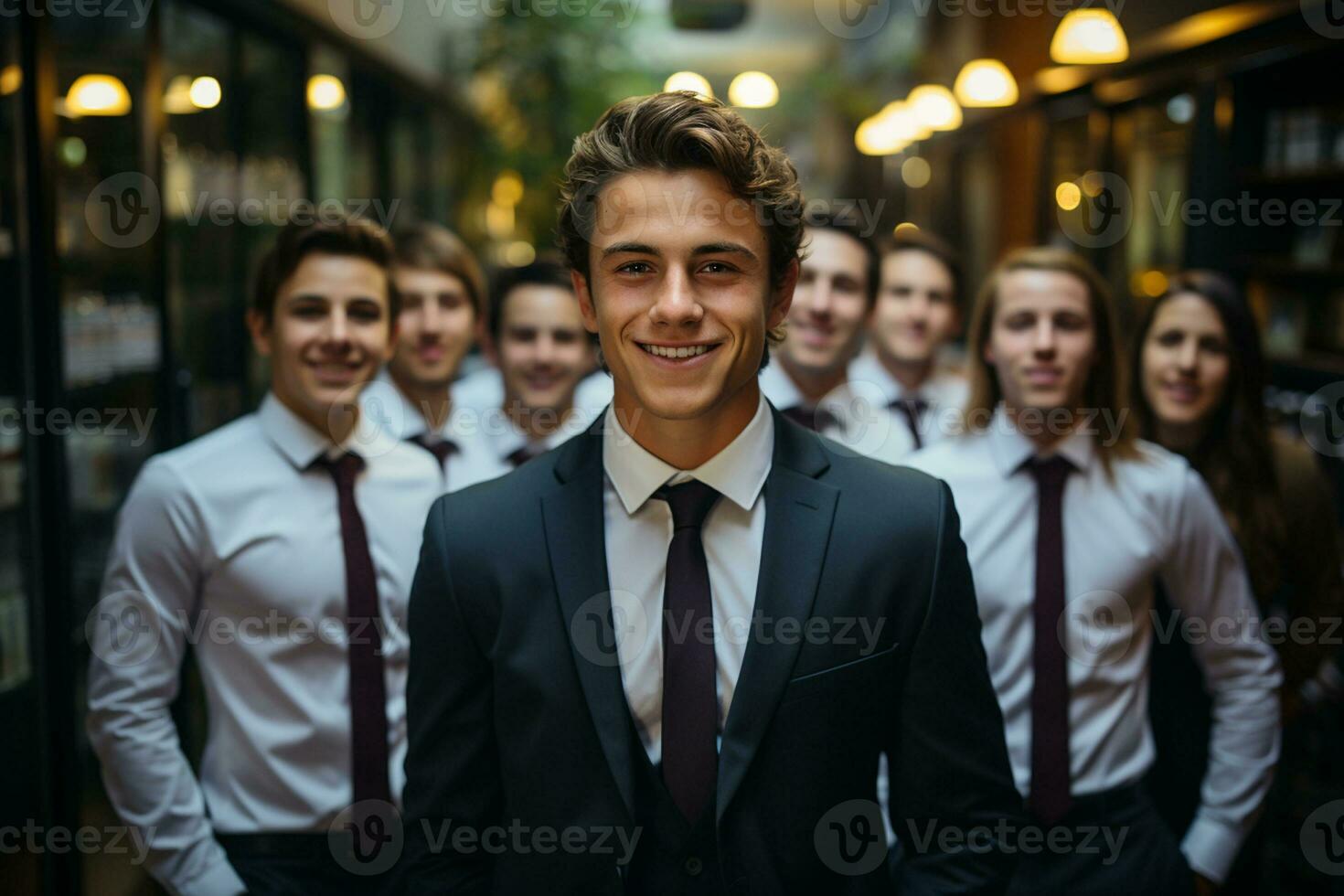 ai generativo gruppo di contento attività commerciale uomo e attività commerciale donne, vestito nel tute siamo sorridente, nel il ufficio foto