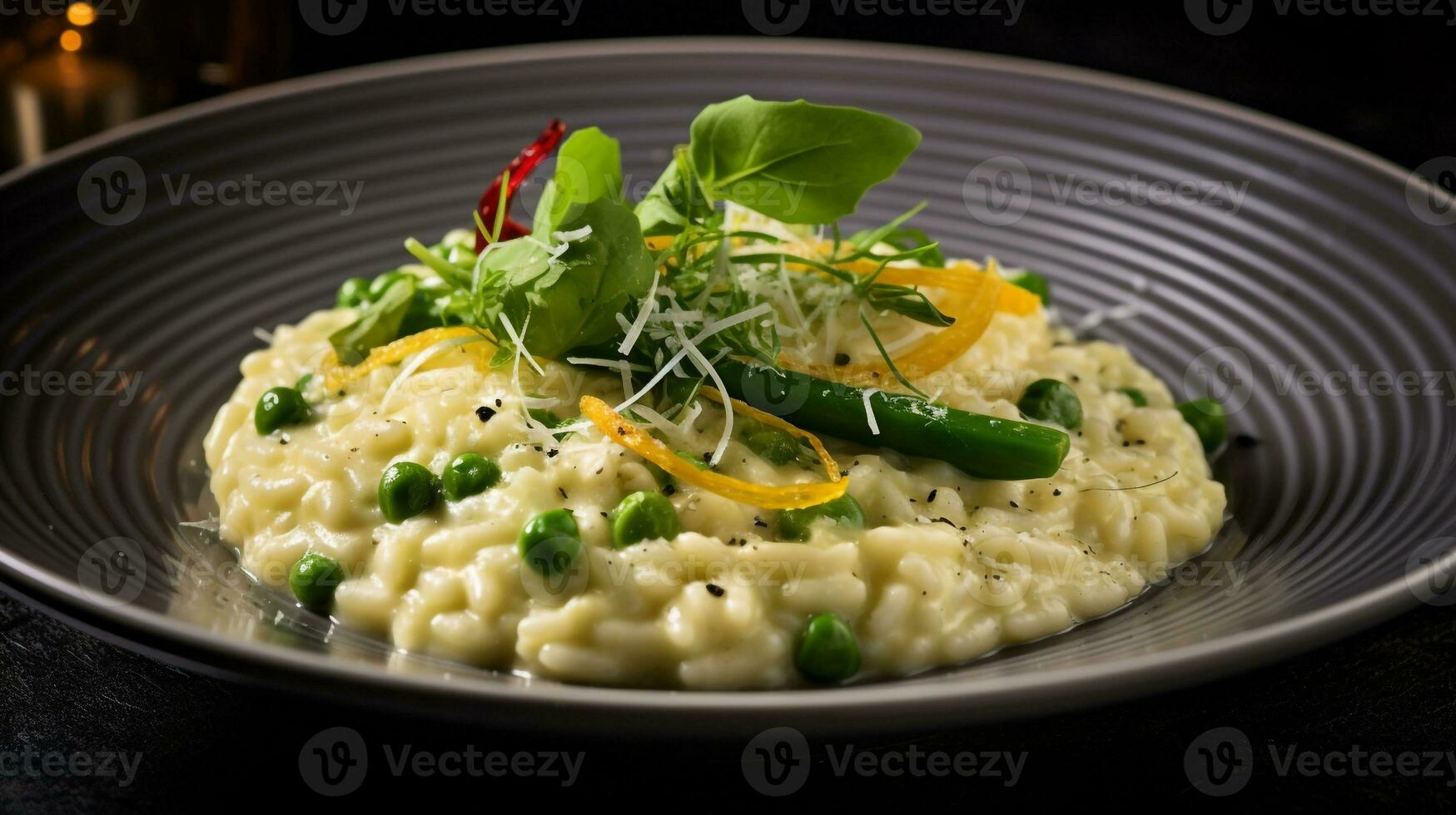 foto di primavera verdura risotto come un' piatto nel un' fascia alta ristorante. generativo ai