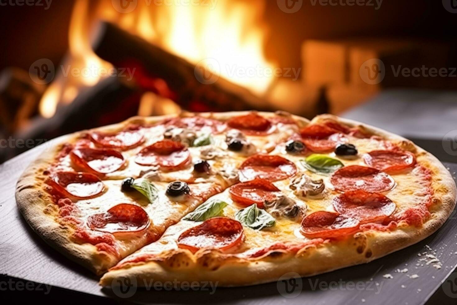 Pizza capricciosa fatti in casa con fuoco nel il forno, in linea consegna a partire dal pizzeria, prendere lontano e italiano veloce cibo, generativo ai foto