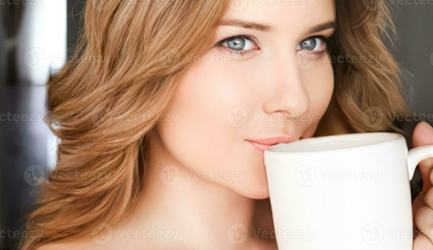 bellissimo donna avendo un' tazza di tè nel il mattina a casa foto