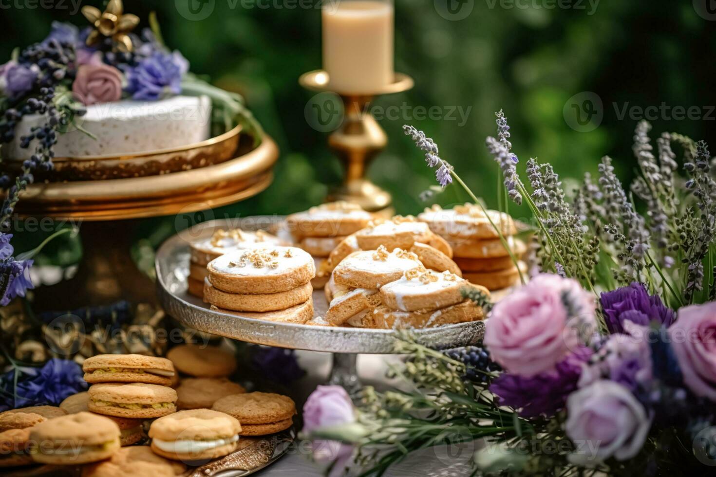 dolce buffet tavolo, cibo ristorazione per nozze, festa vacanza celebrazione, lavanda arredamento, torte e dolci nel un' nazione giardino, generativo ai foto