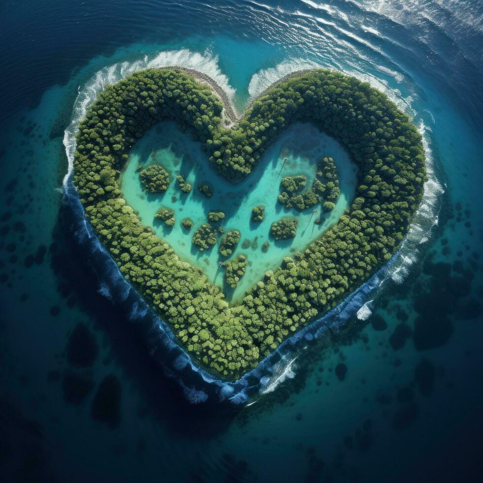 a forma di cuore isola nel il oceano aereo Visualizza foto