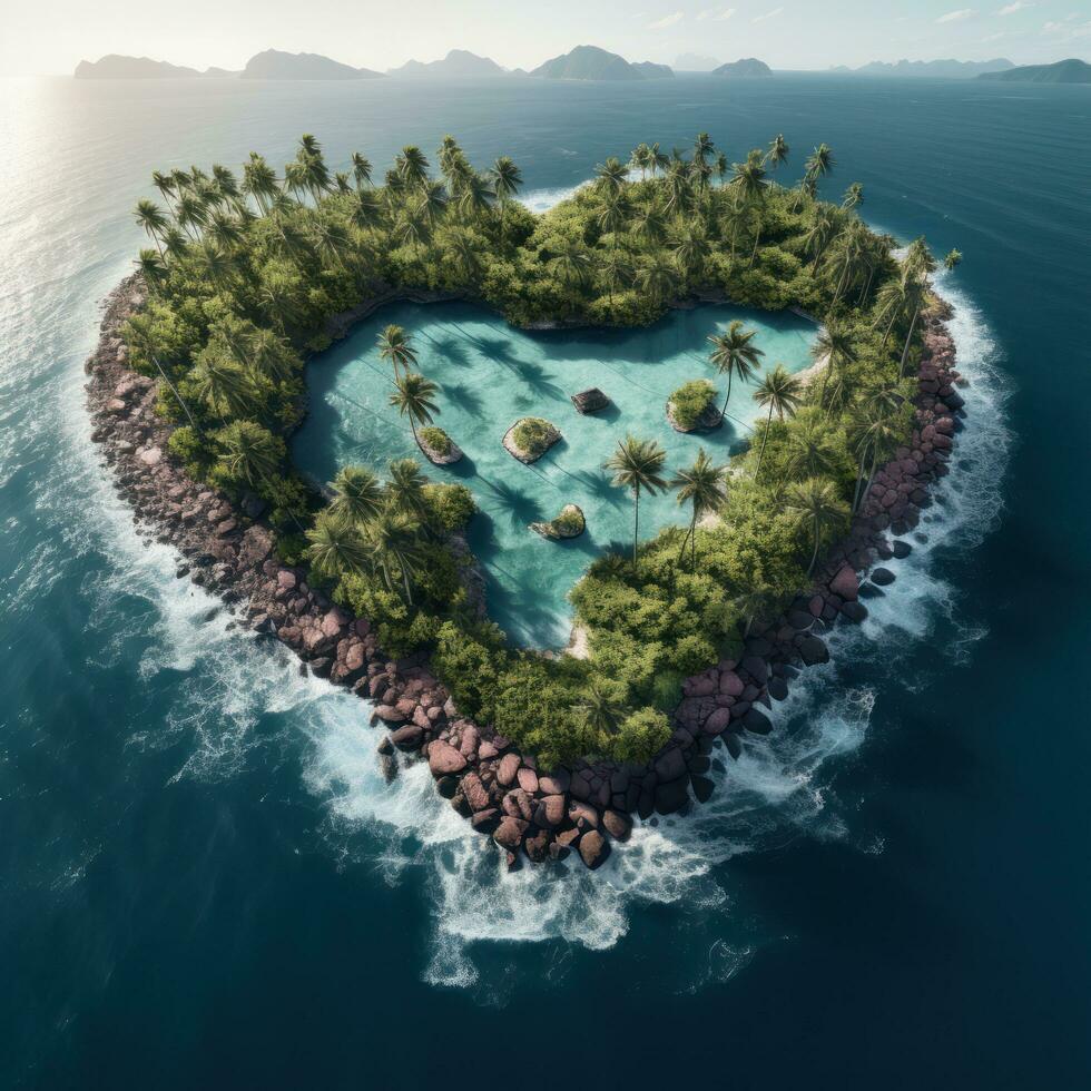 a forma di cuore isola nel il oceano aereo Visualizza foto