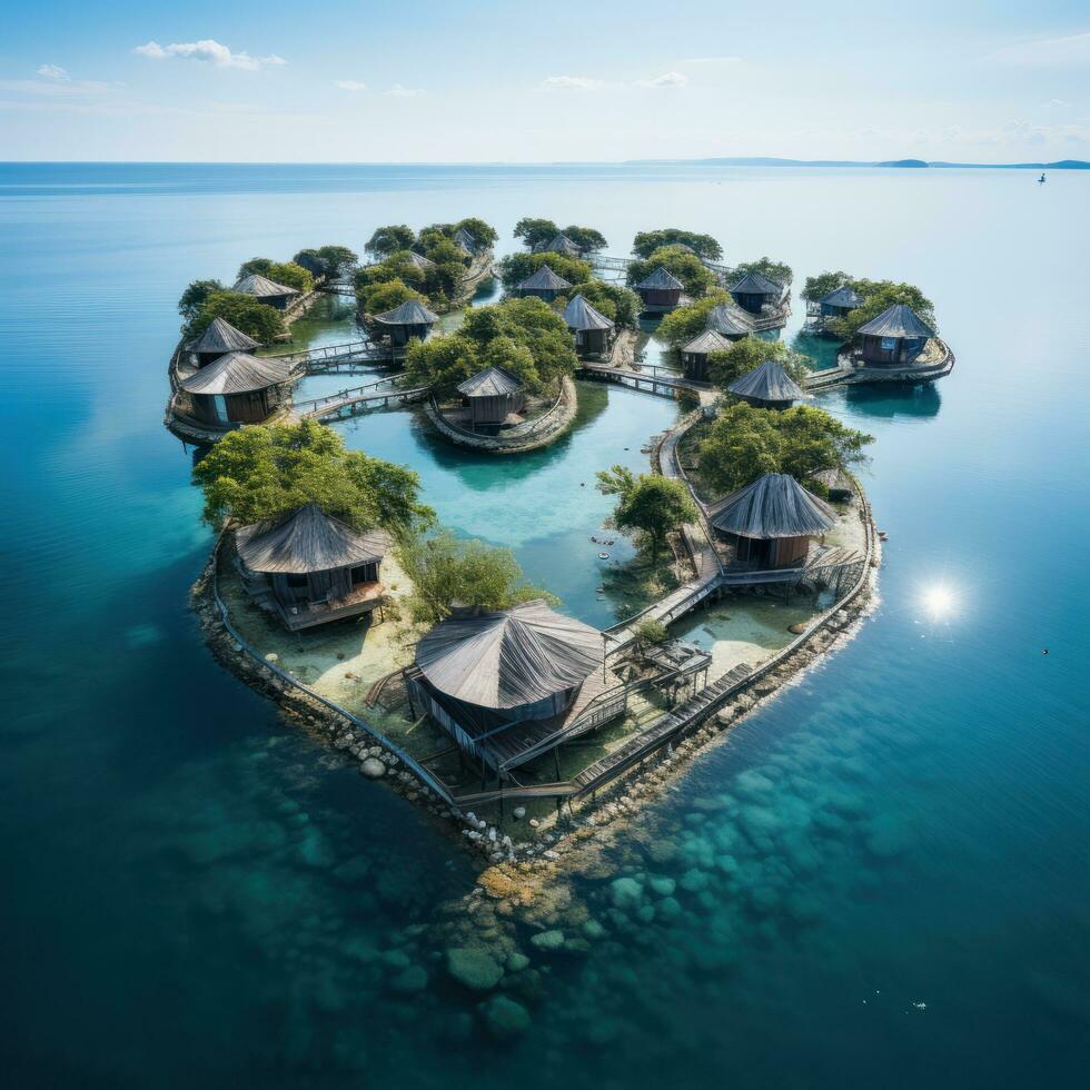 a forma di cuore isola nel il oceano aereo Visualizza foto