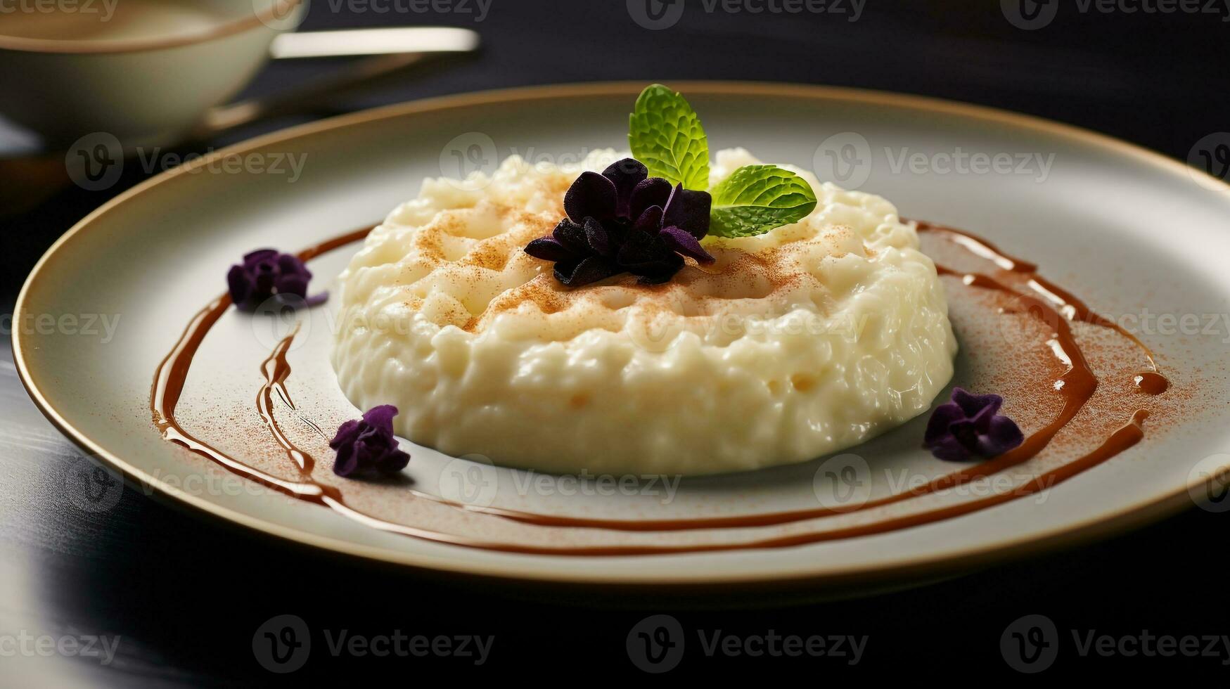 foto di riso budino come un' piatto nel un' fascia alta ristorante. generativo ai