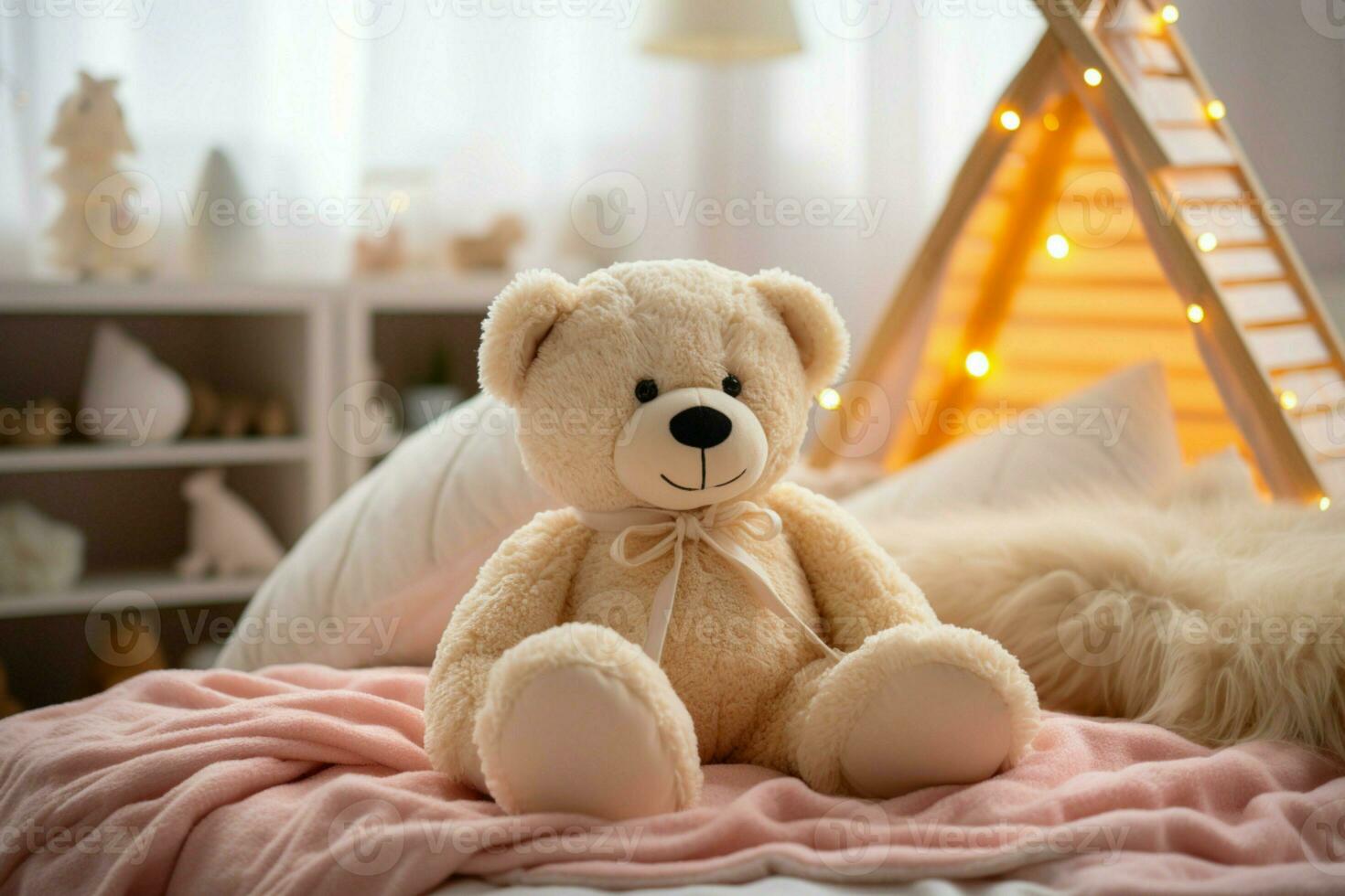 un' felpa bianca orsacchiotto orso si siede serenamente su un' letto coperto nel merino ai generato foto