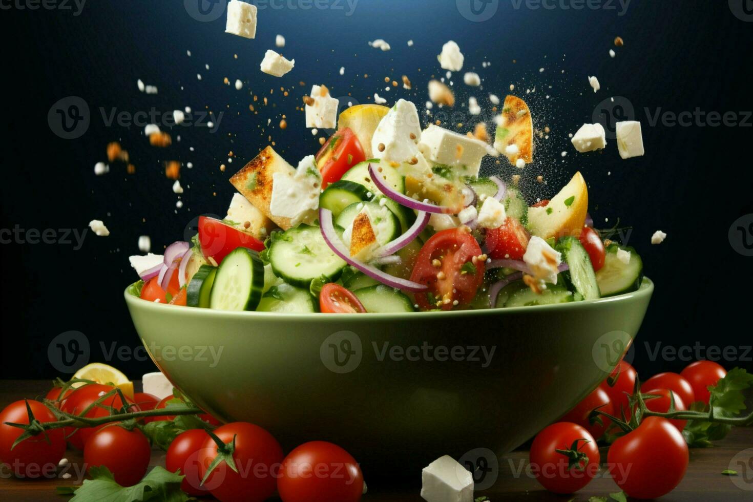 elevato greco insalata ciotola si libra contro studio sfondo, fresco ingredienti sospeso ai generato foto