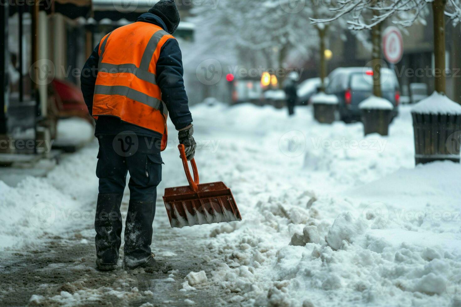 lavoratore nel specializzato capi di abbigliamento rimuove neve a partire dal marciapiede dopo tempesta di neve colpi il città. ai generato foto