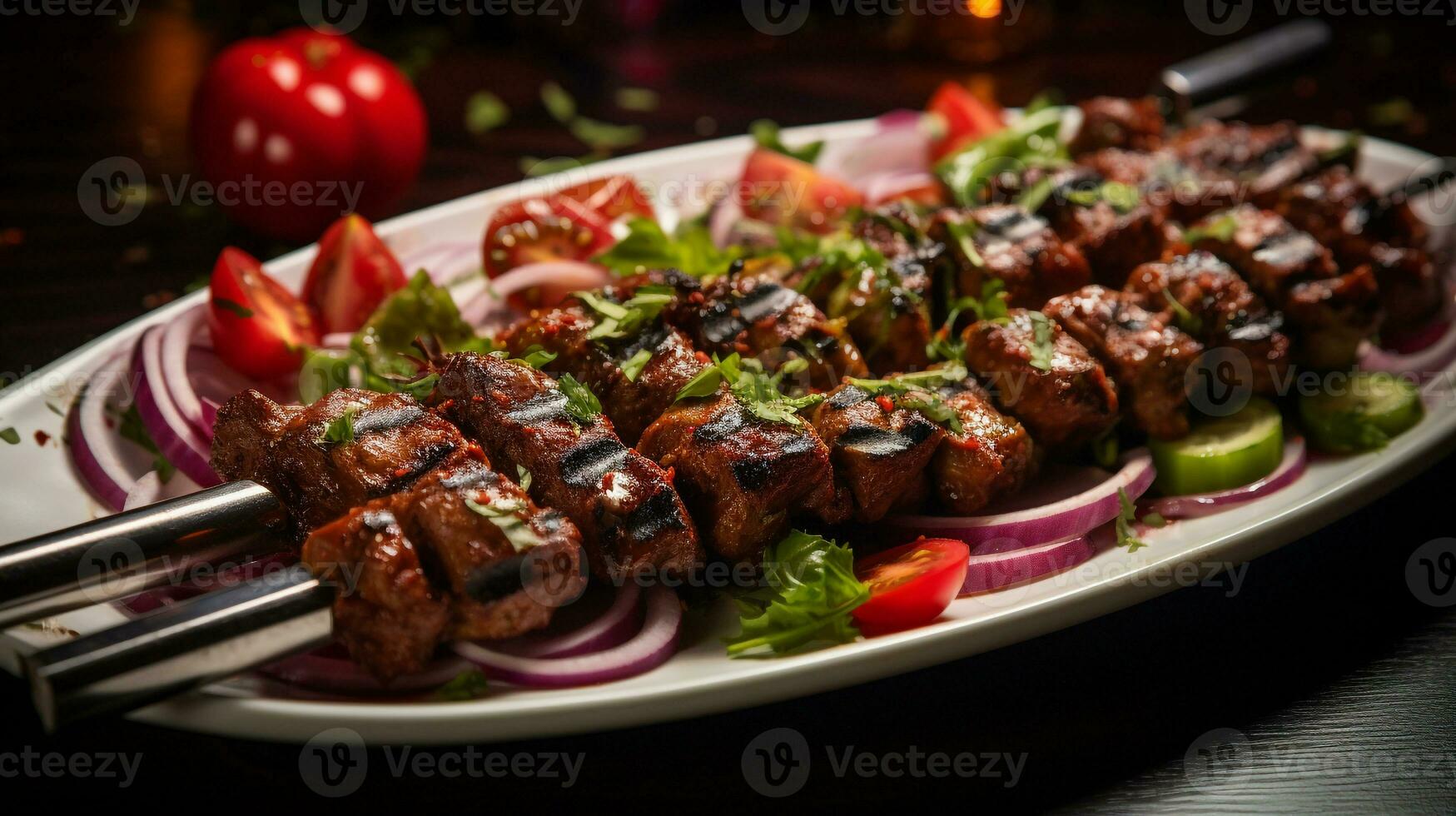 foto di kebab karaz - ciliegia kebab come un' piatto nel un' fascia alta ristorante. generativo ai