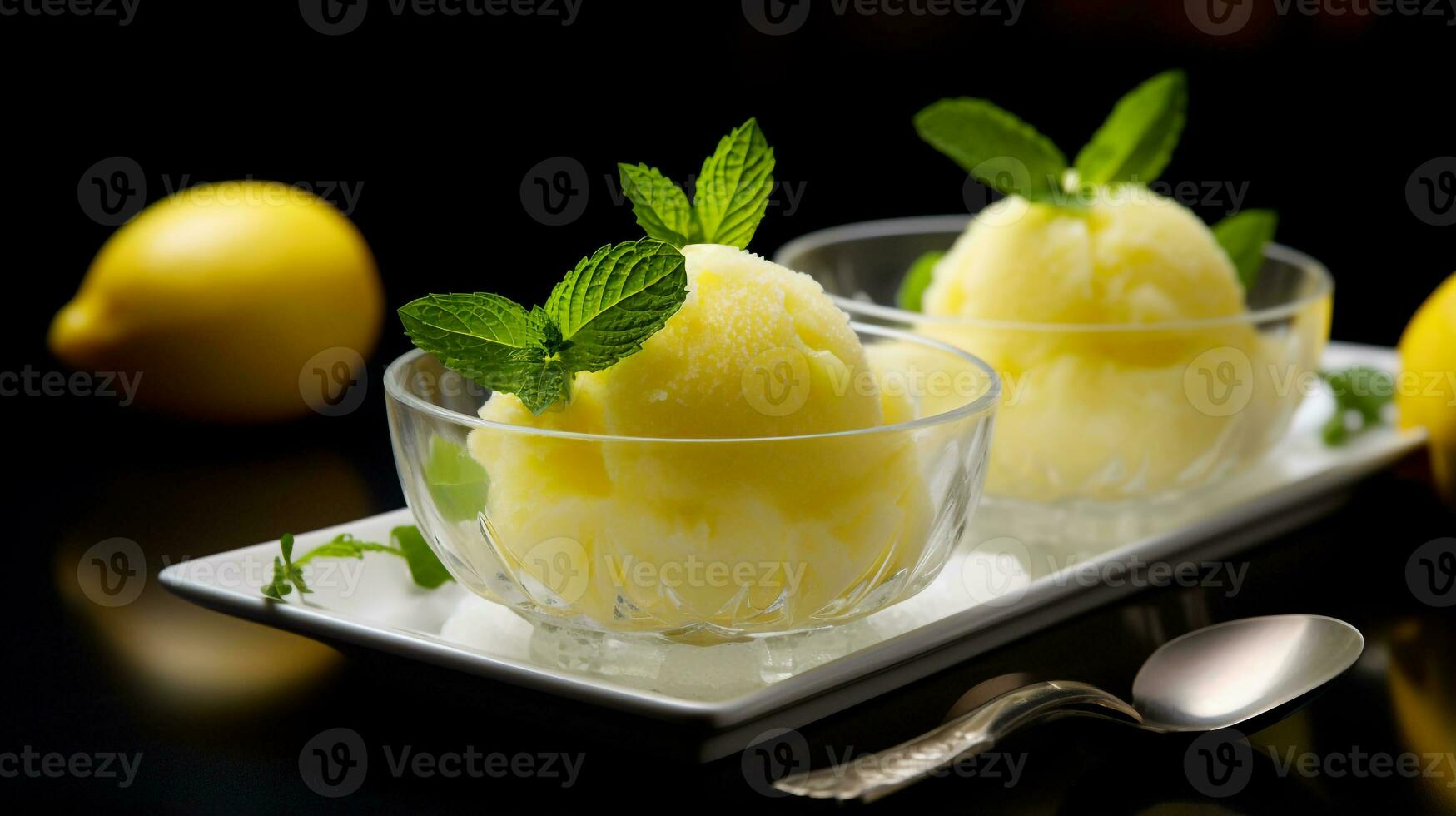 foto di limonata sorbetto come un' piatto nel un' fascia alta ristorante. generativo ai