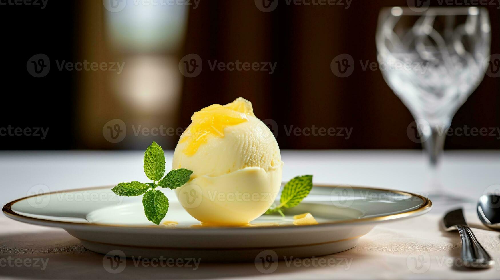 foto di Limone sorbetto come un' piatto nel un' fascia alta ristorante. generativo ai