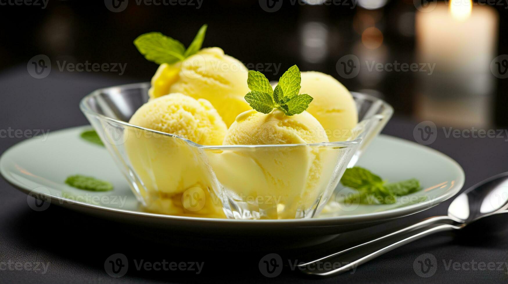 foto di limonata sorbetto come un' piatto nel un' fascia alta ristorante. generativo ai