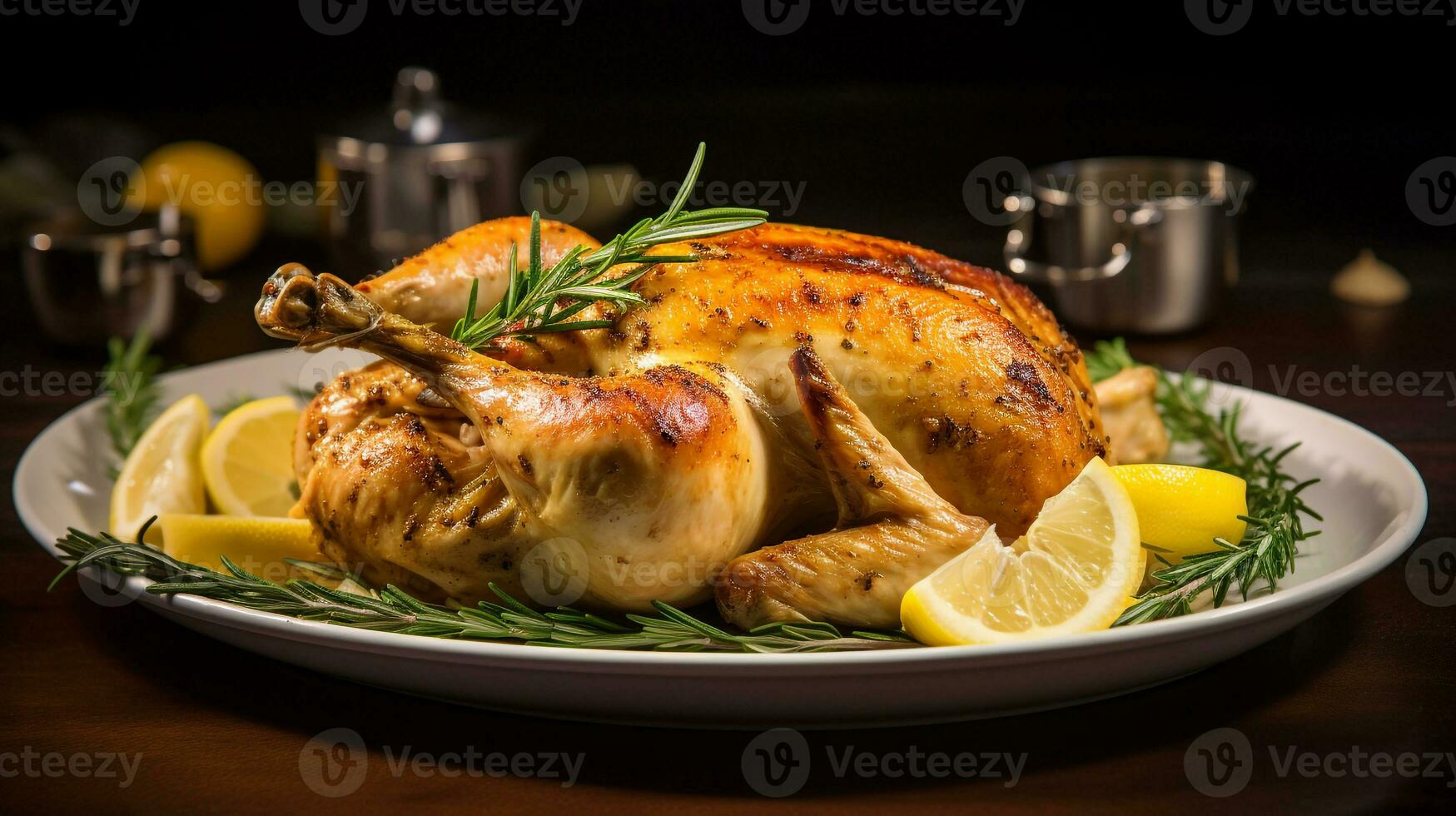 foto di Limone erba arrosto pollo come un' piatto nel un' fascia alta ristorante. generativo ai