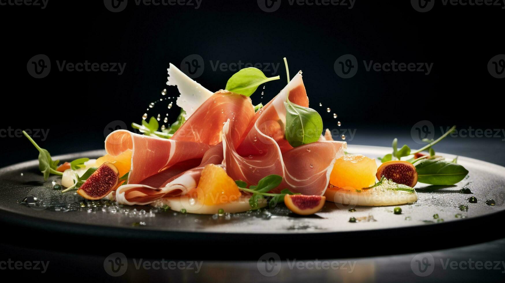 foto di melone e prosciutto come un' piatto nel un' fascia alta ristorante. generativo ai