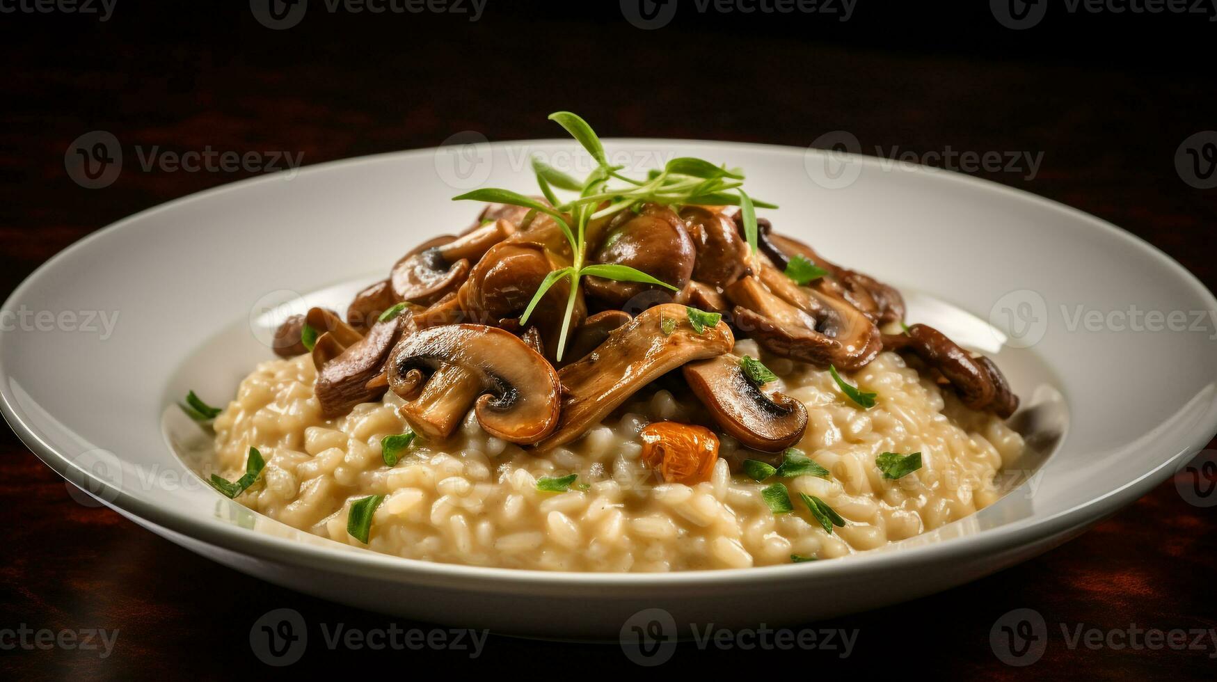 foto di fungo risotto come un' piatto nel un' fascia alta ristorante. generativo ai
