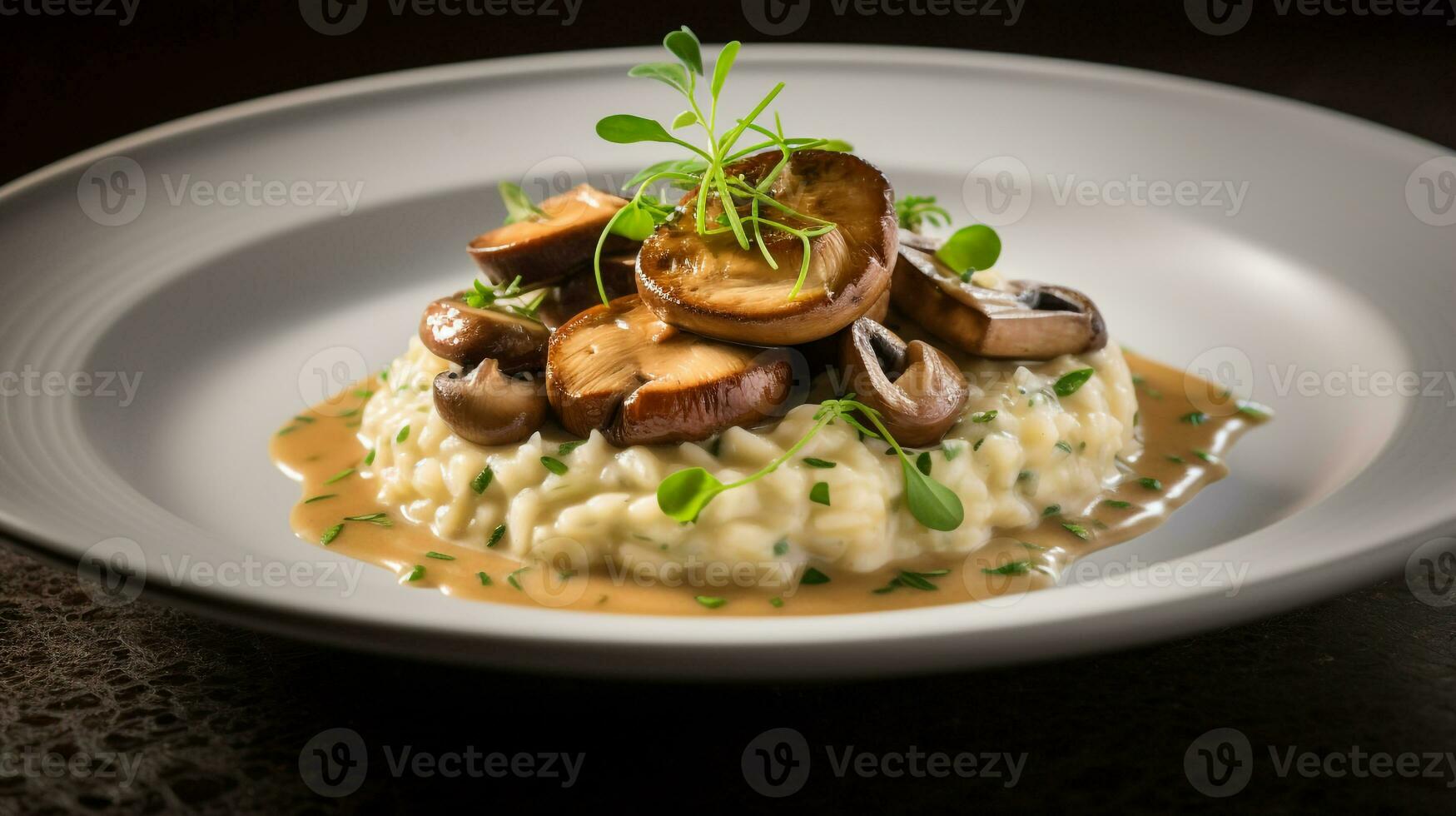 foto di fungo risotto come un' piatto nel un' fascia alta ristorante. generativo ai