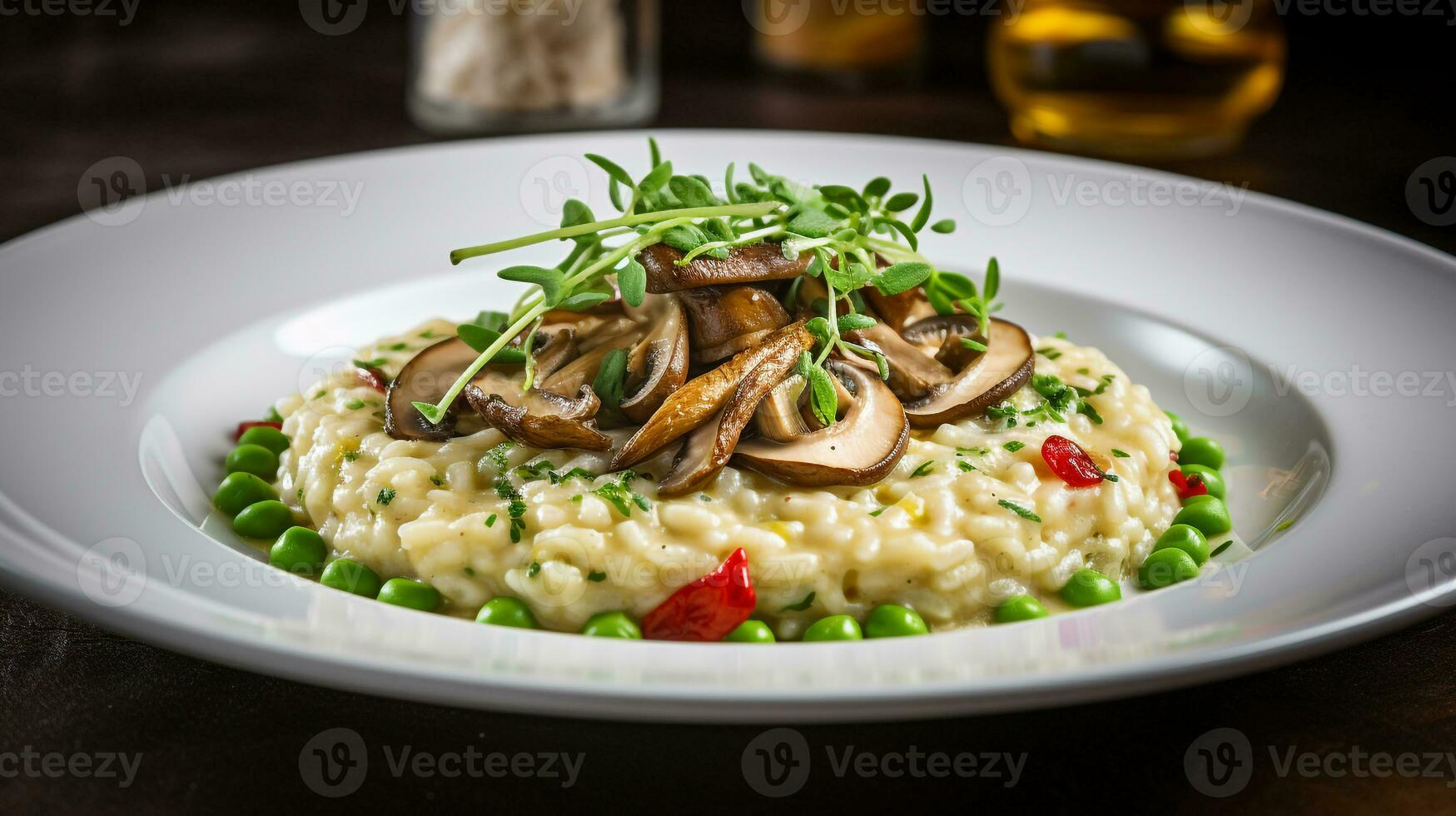 foto di fungo risotto come un' piatto nel un' fascia alta ristorante. generativo ai